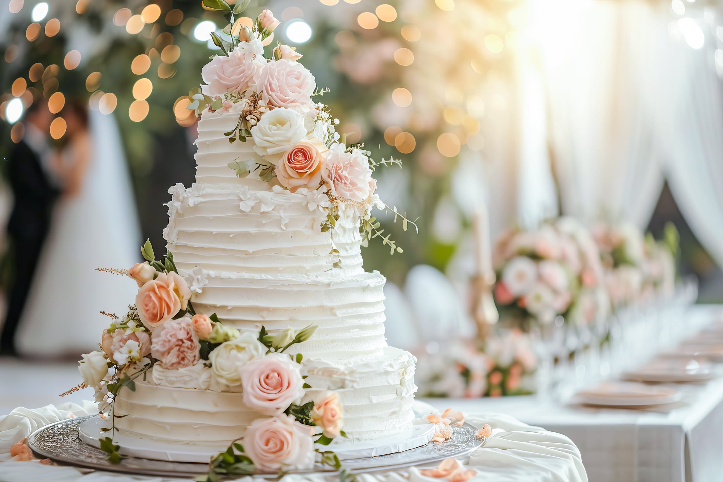 Wedding cake on a table.