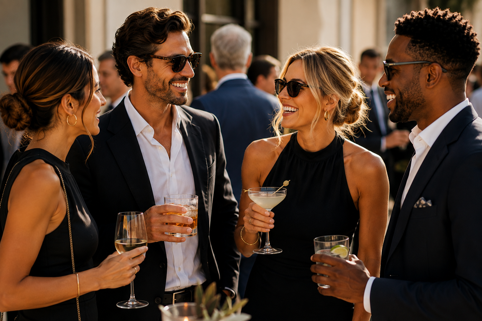 Group of friends enjoying cocktails in black tie attire