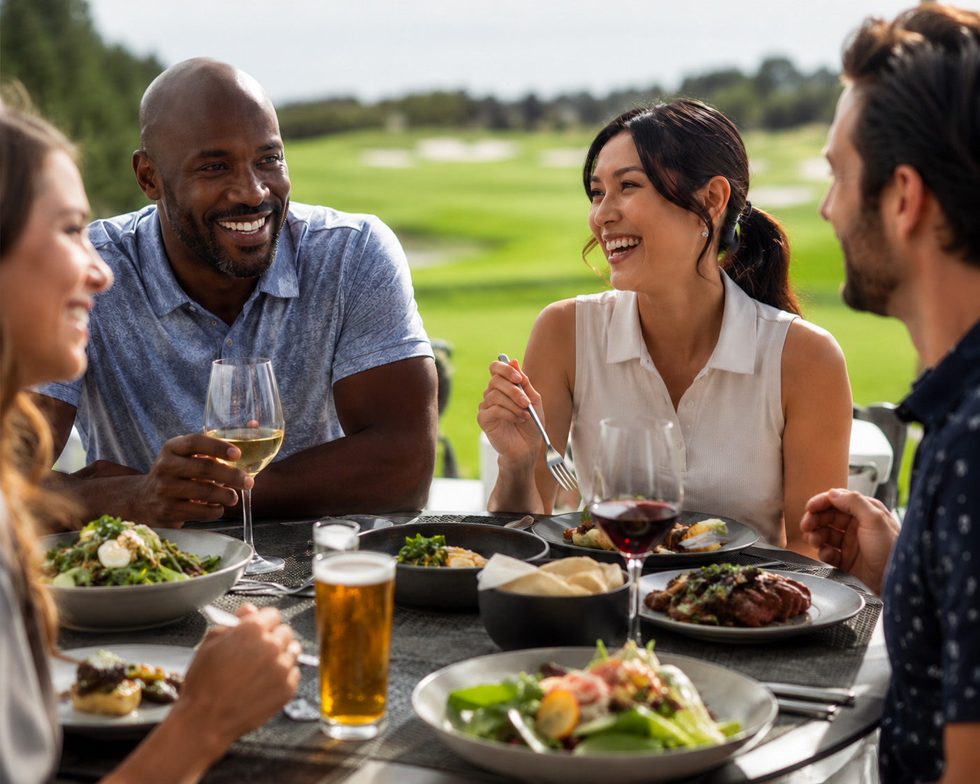 2 couples having lunch outside