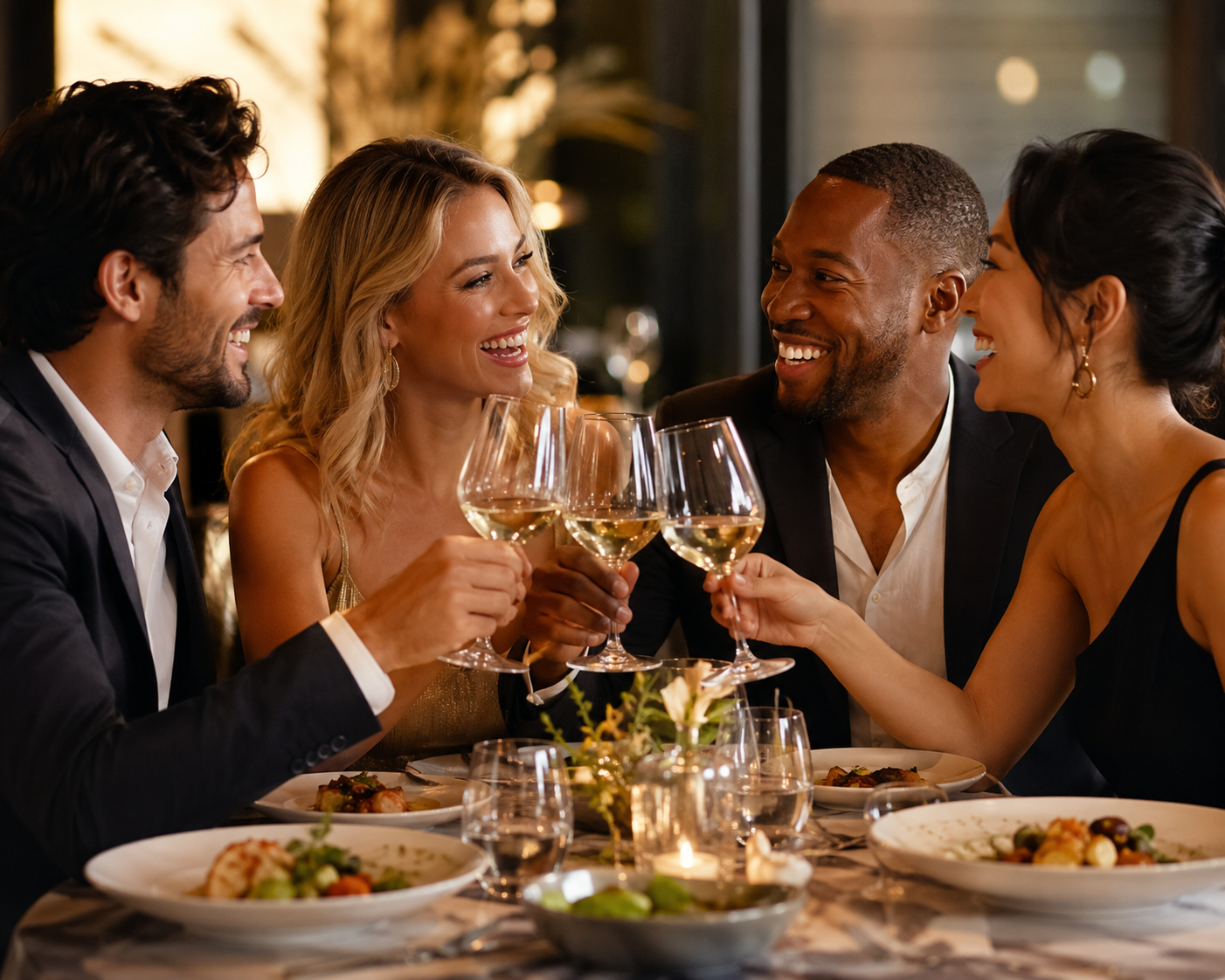 2 diverse couples enjoying a dinner together and cheering their wine glasses