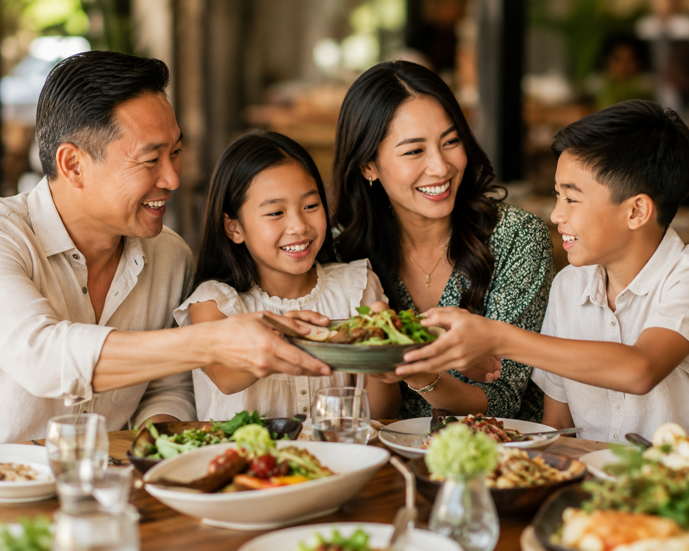 Asian family of 4 enjoying lunch together