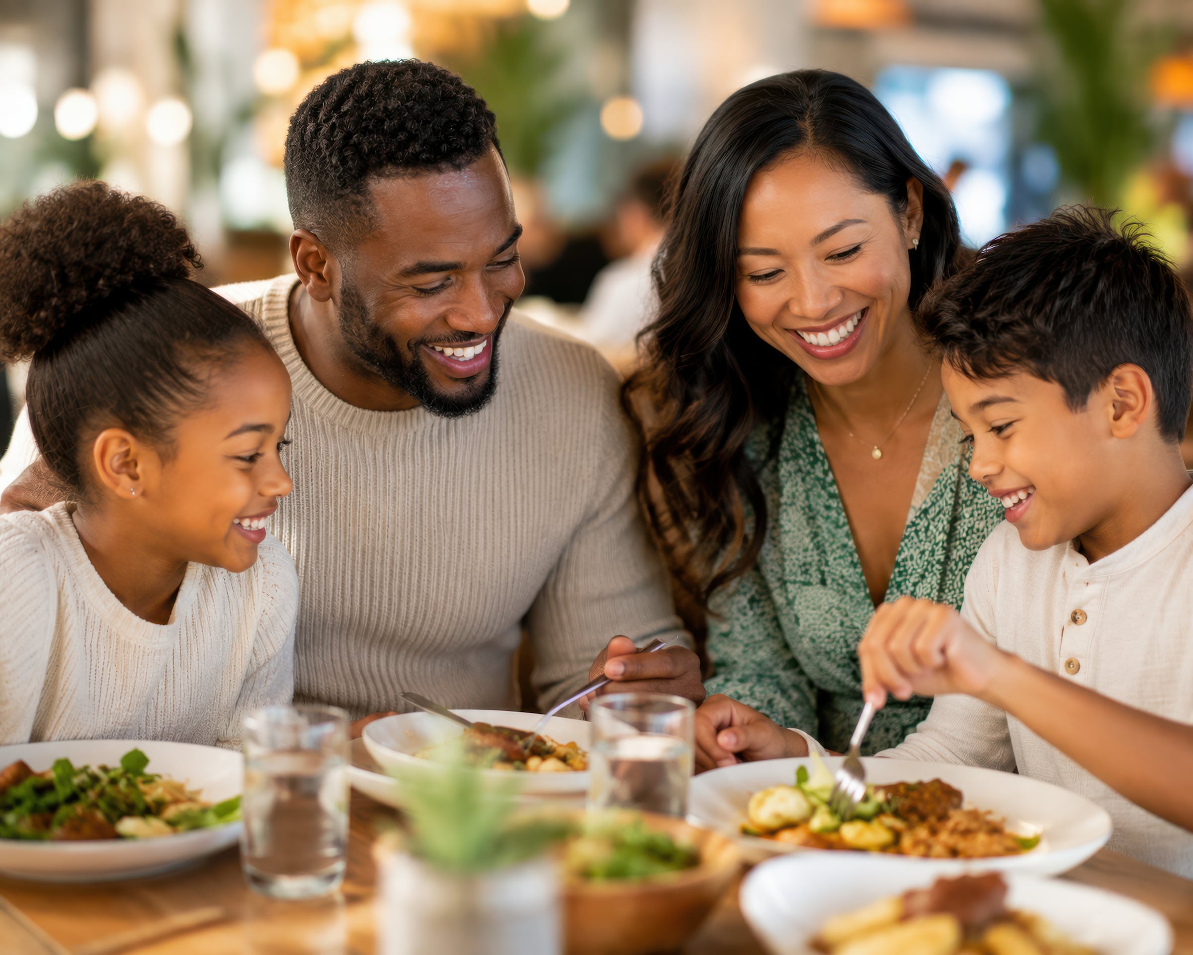 African American family of 4 at dinner