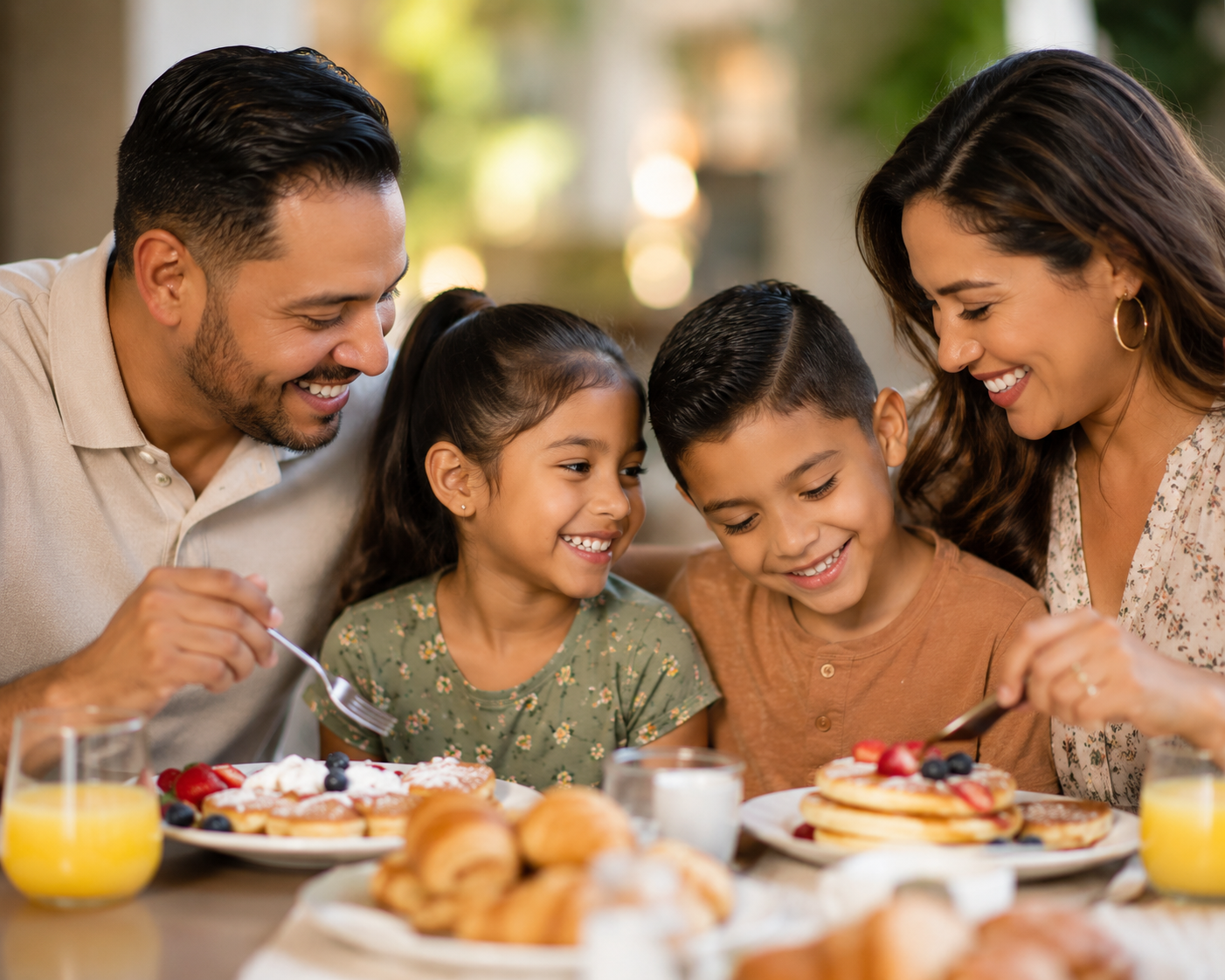 Young family of 4 eating brunch together