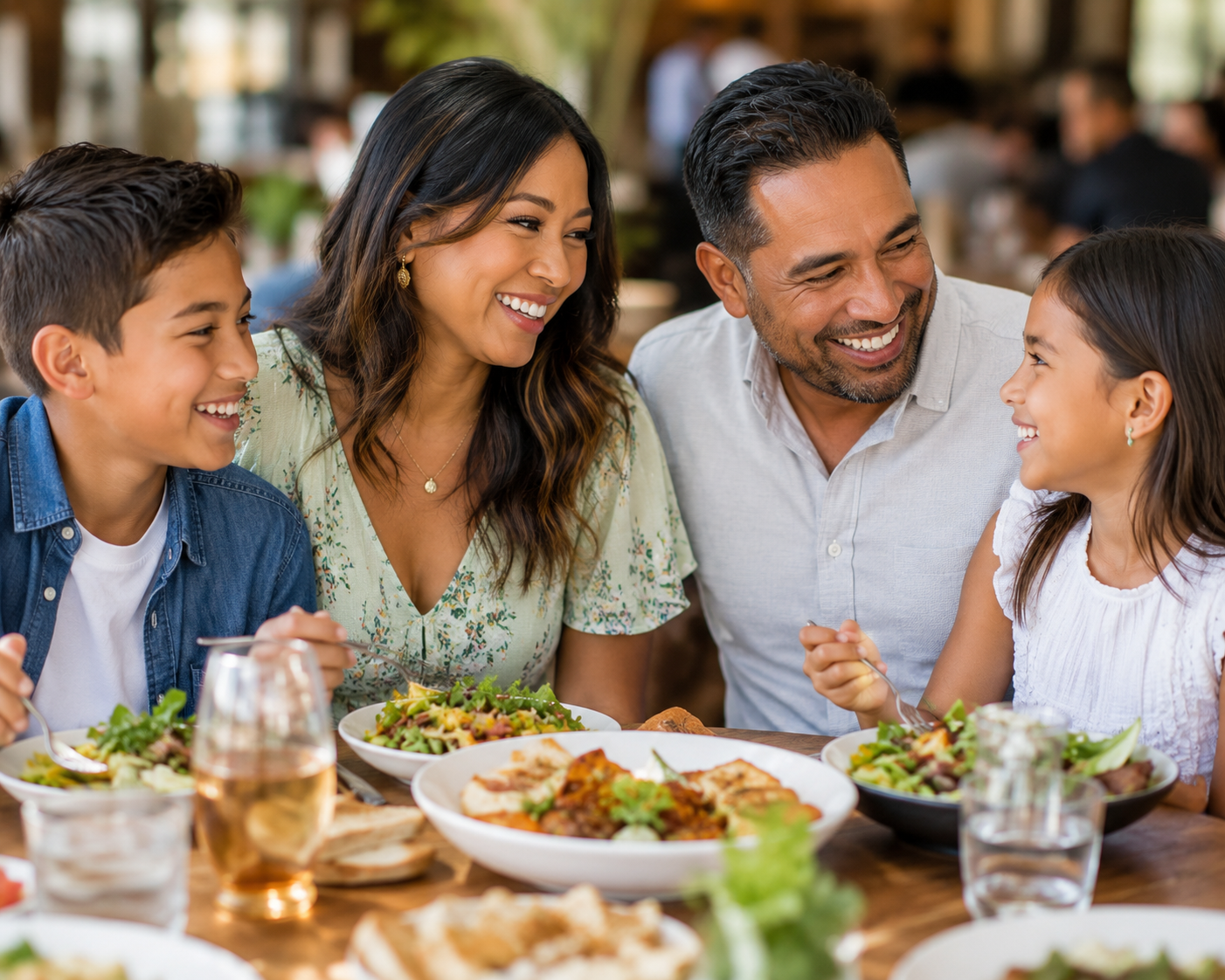 Hispanic family of 4 dining together
