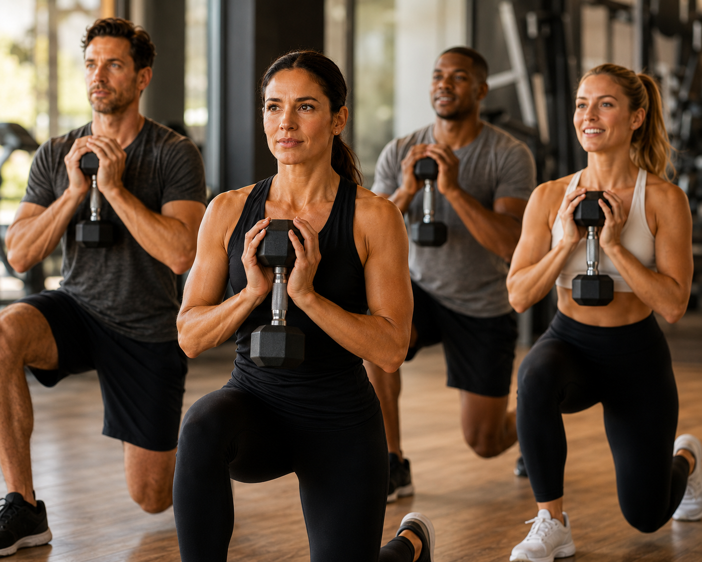 4 adults lifting dumbbells in a workout class
