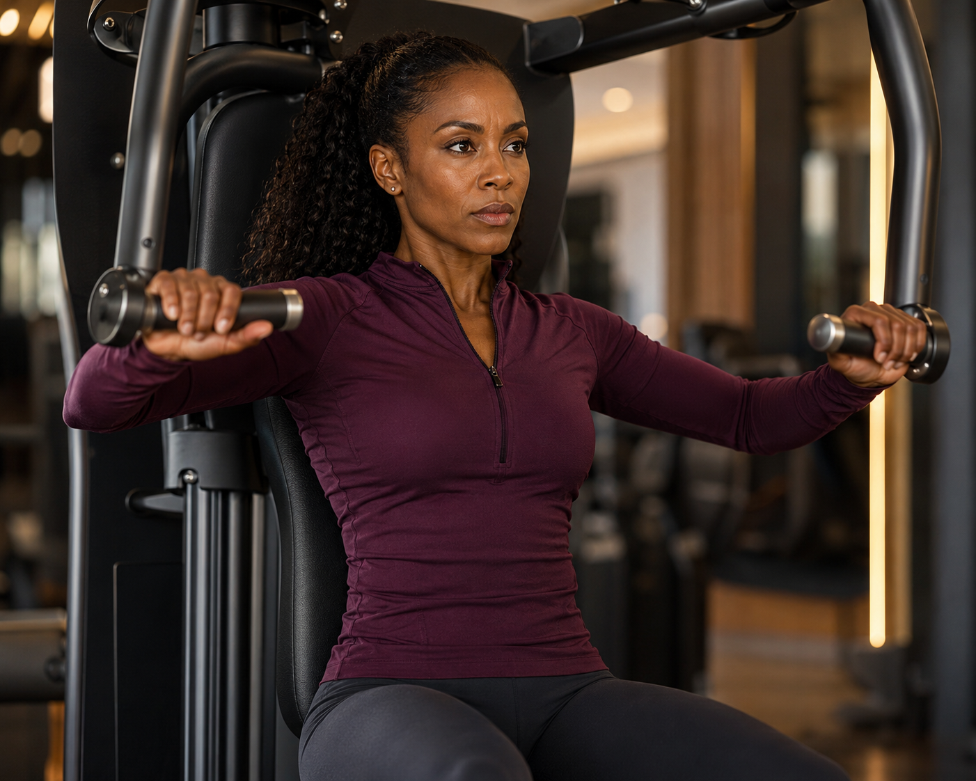 A middle aged black woman using a weight lifting machine