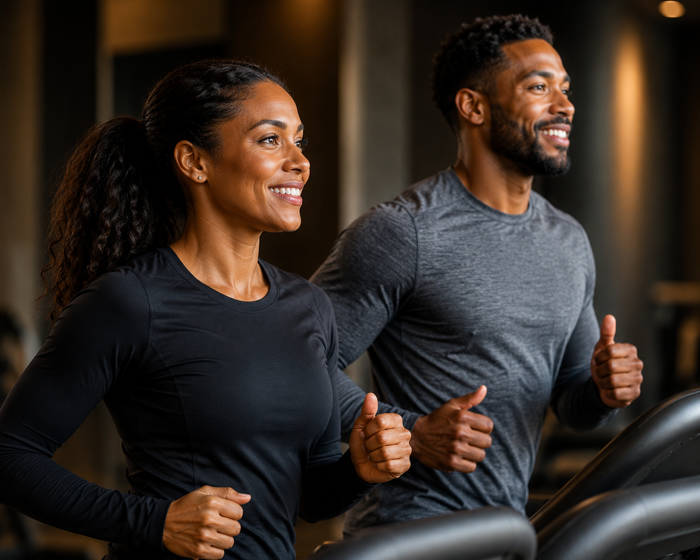 An african american couple running on treadmills