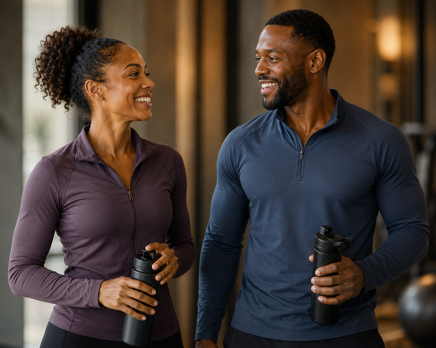 African American couple walking down the hallway of a fitness center
