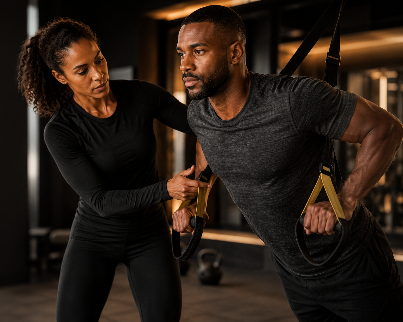 A young african american male working out with middle aged african american personal trainer