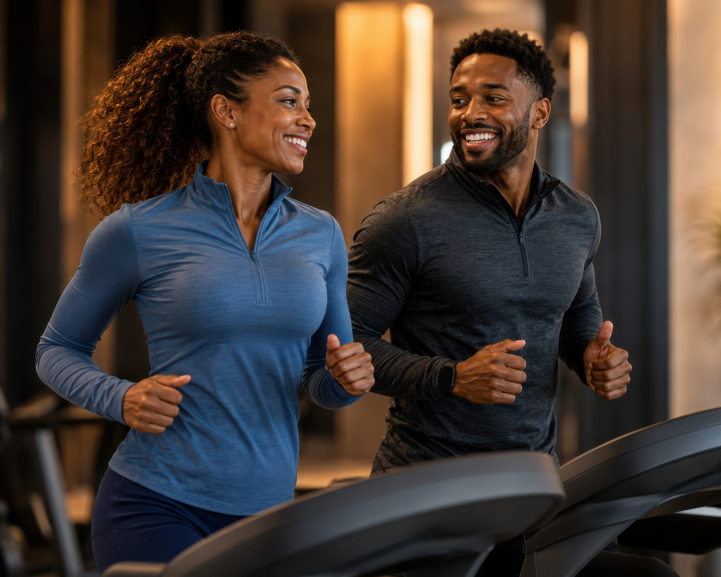 Man & Woman running on treadmills