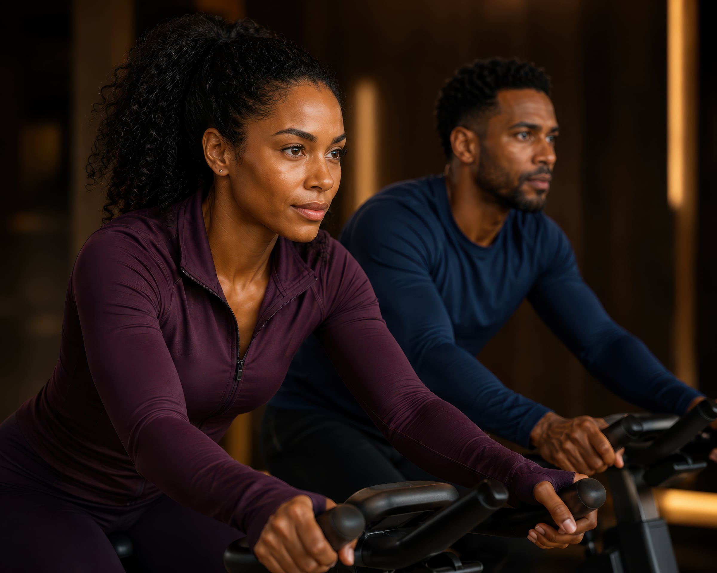 Male & Female riding spin bikes