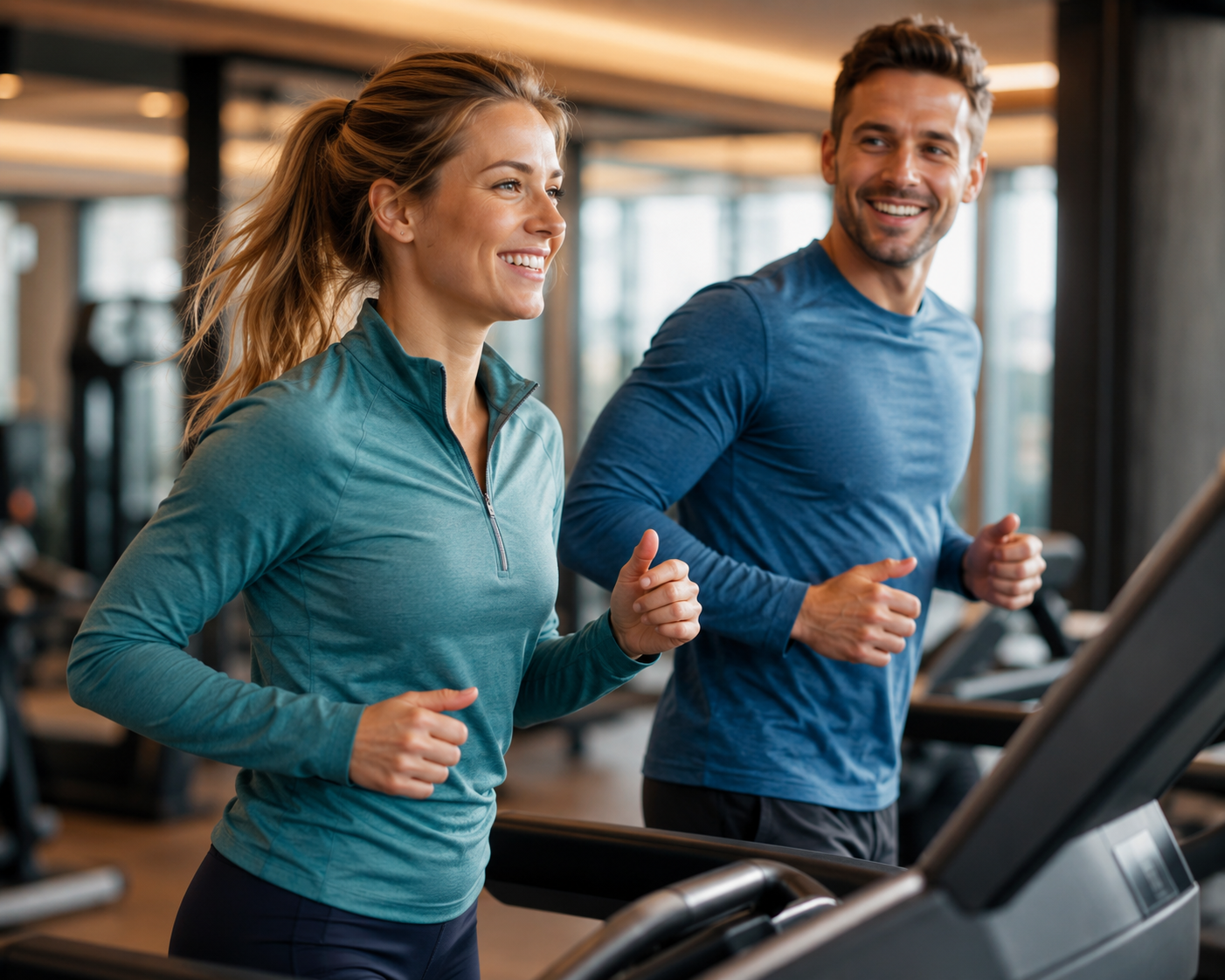 Young caucasian couple running on treadmills
