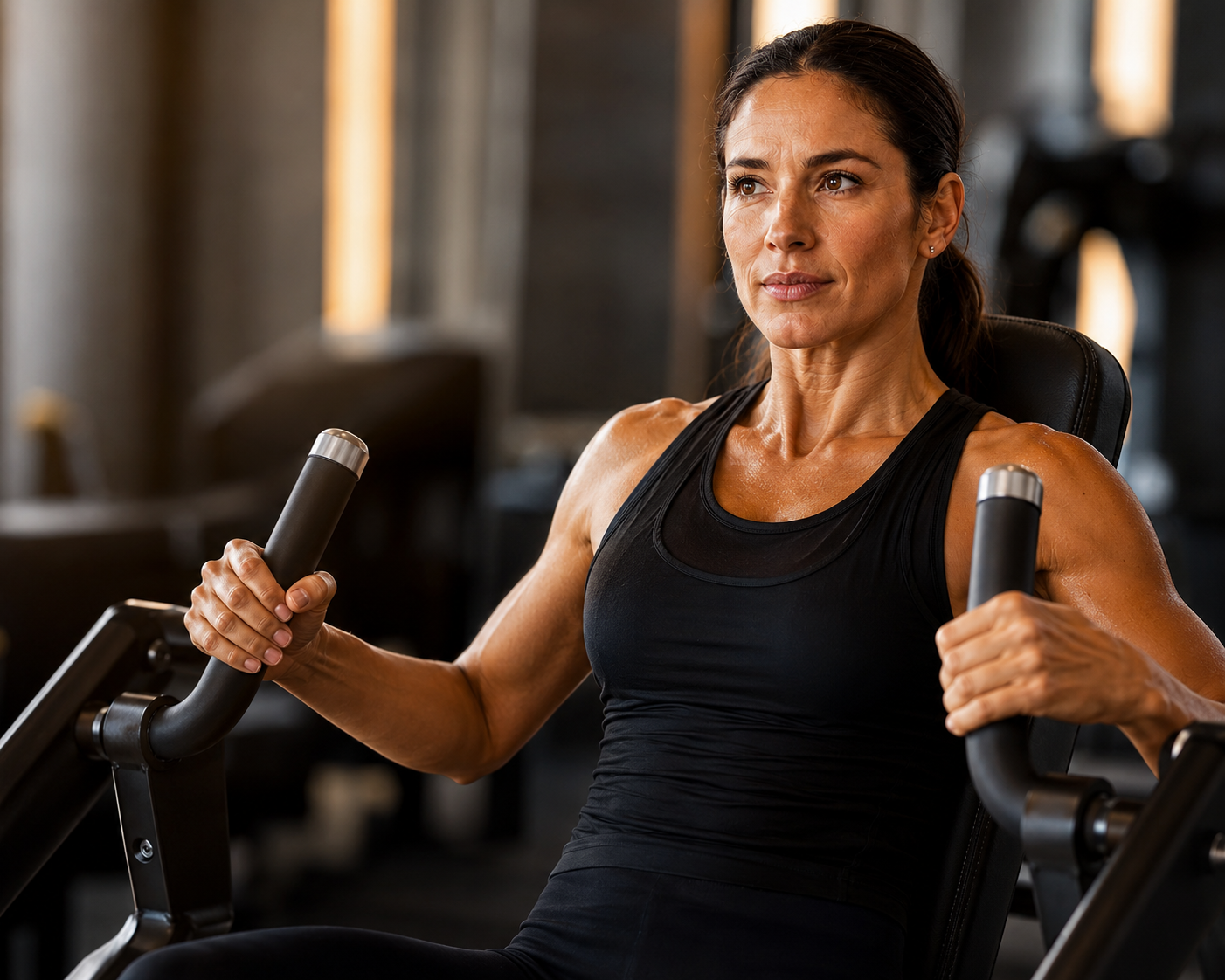 A young woman using a weight lifting machine