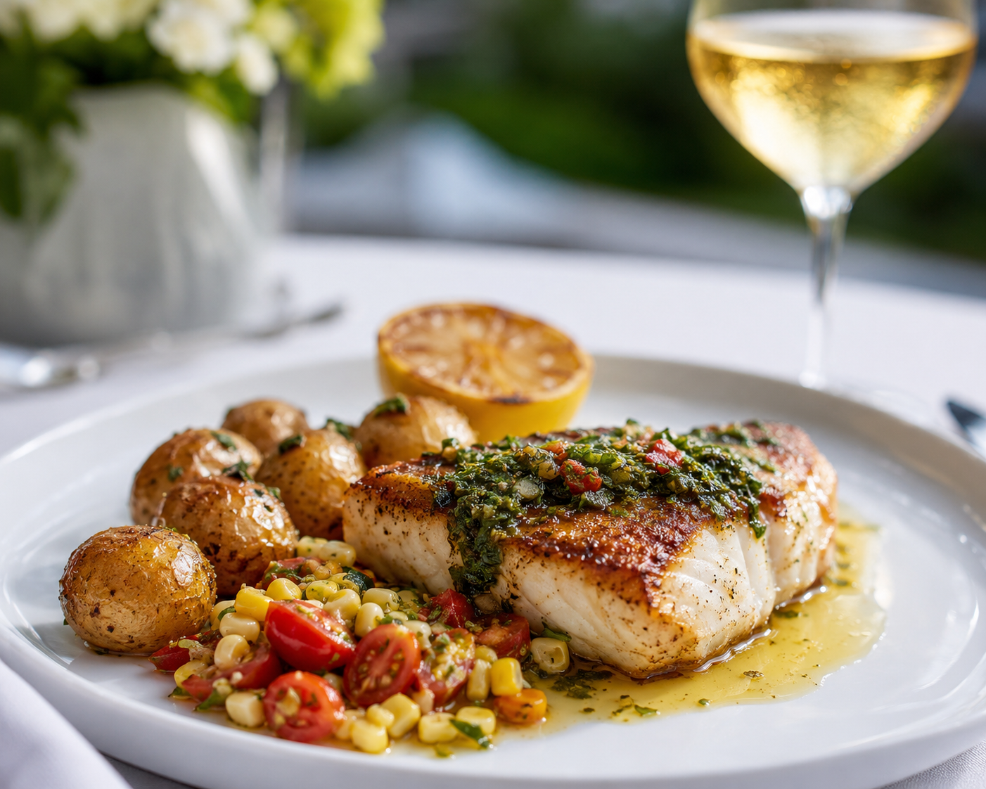 Grilled fish with potatoes and corn