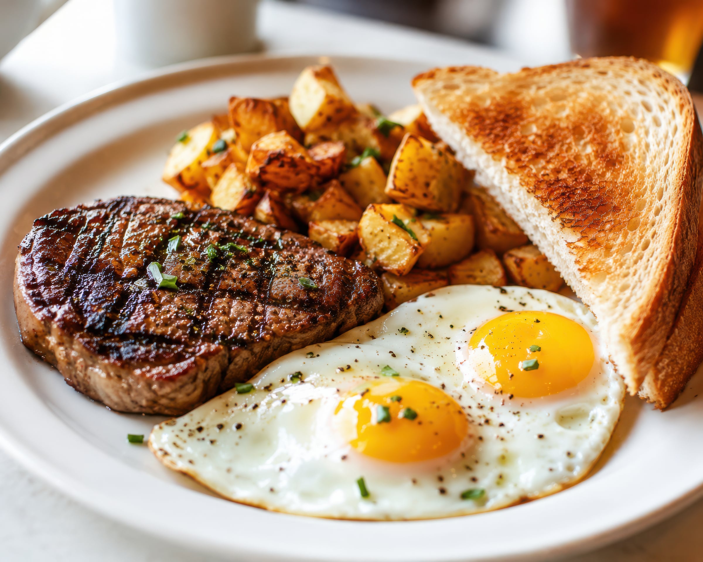 Steak, Eggs, Potatoes, Toast