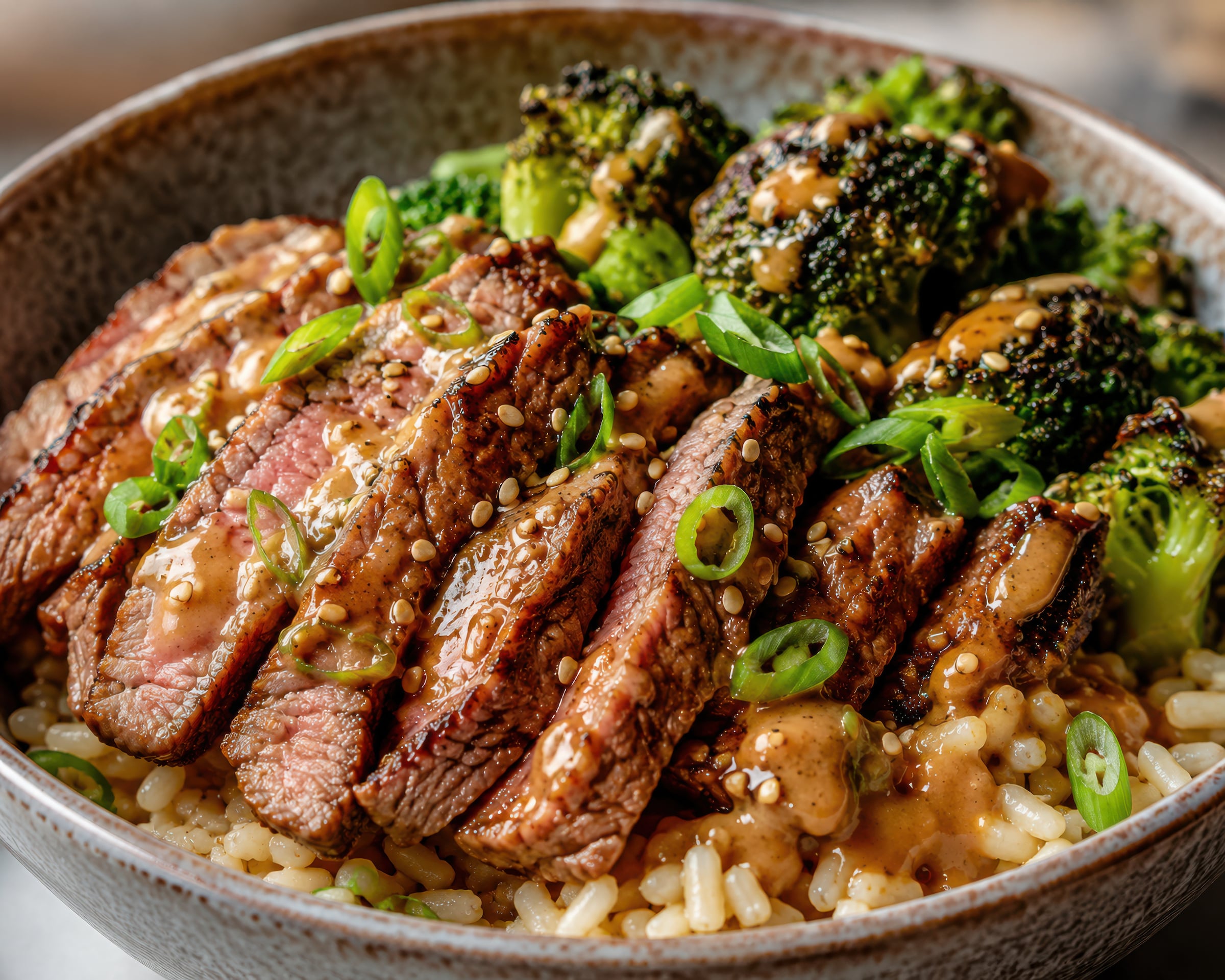 Bowl with steak, broccoli and rice