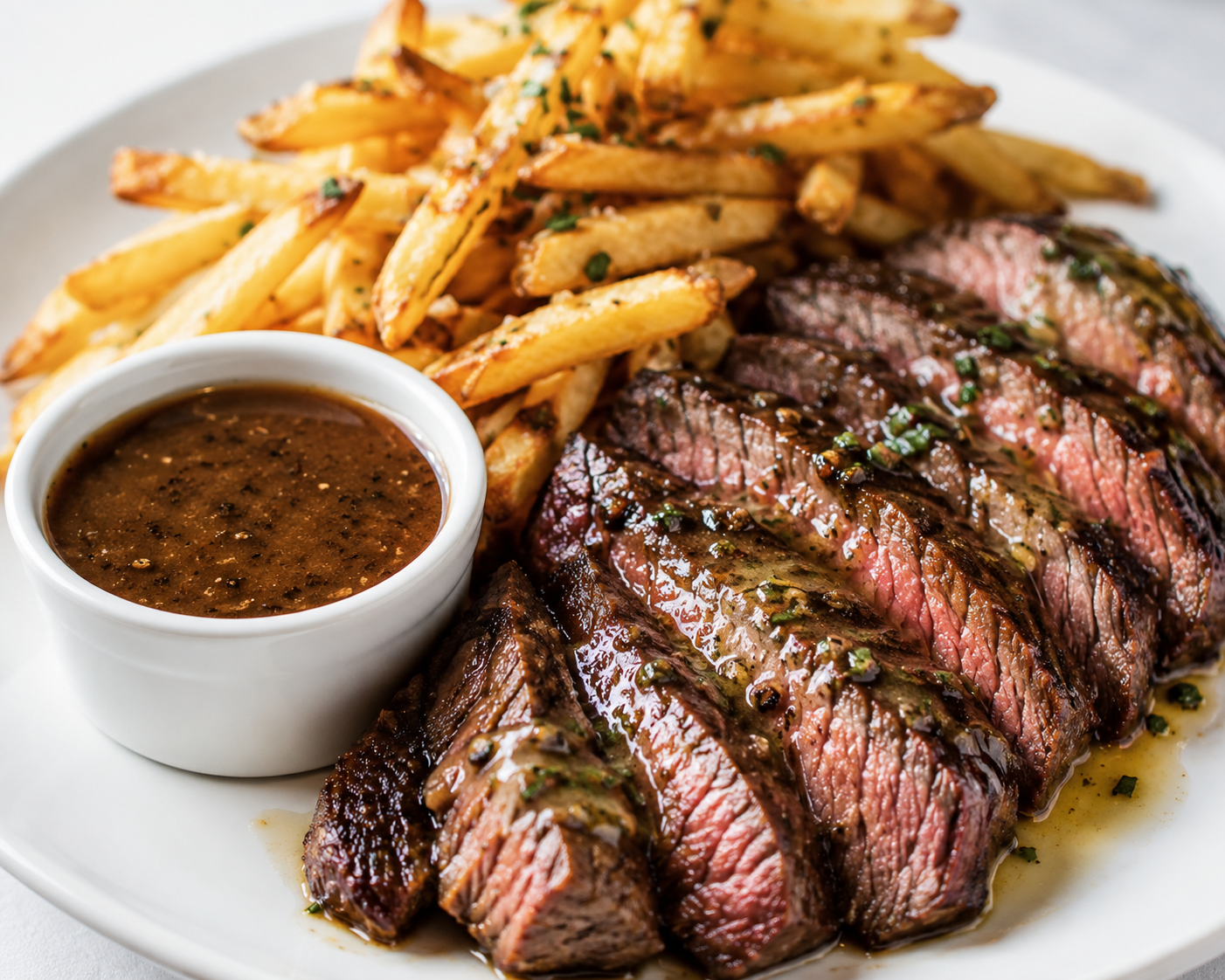 Sliced steak with french fries and dipping sauce