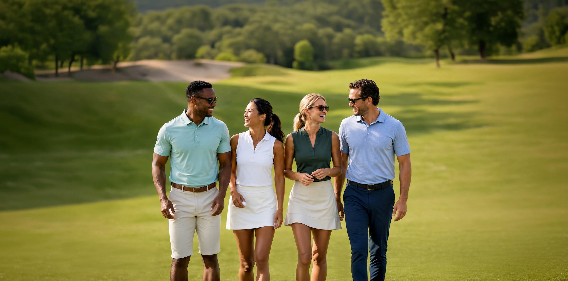 2women & 2 men golfers walking the course