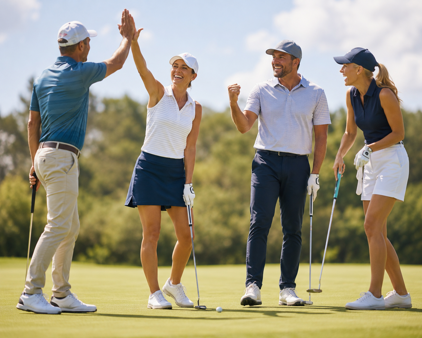 2 couples celebrating after sinking a great golf putt