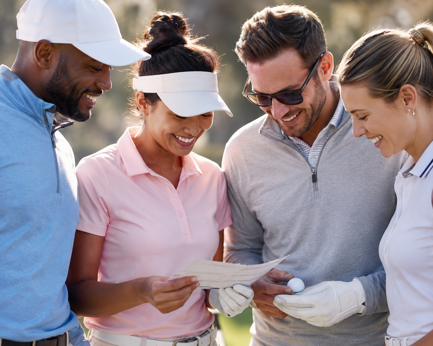 2 couples reviewing their golf score card