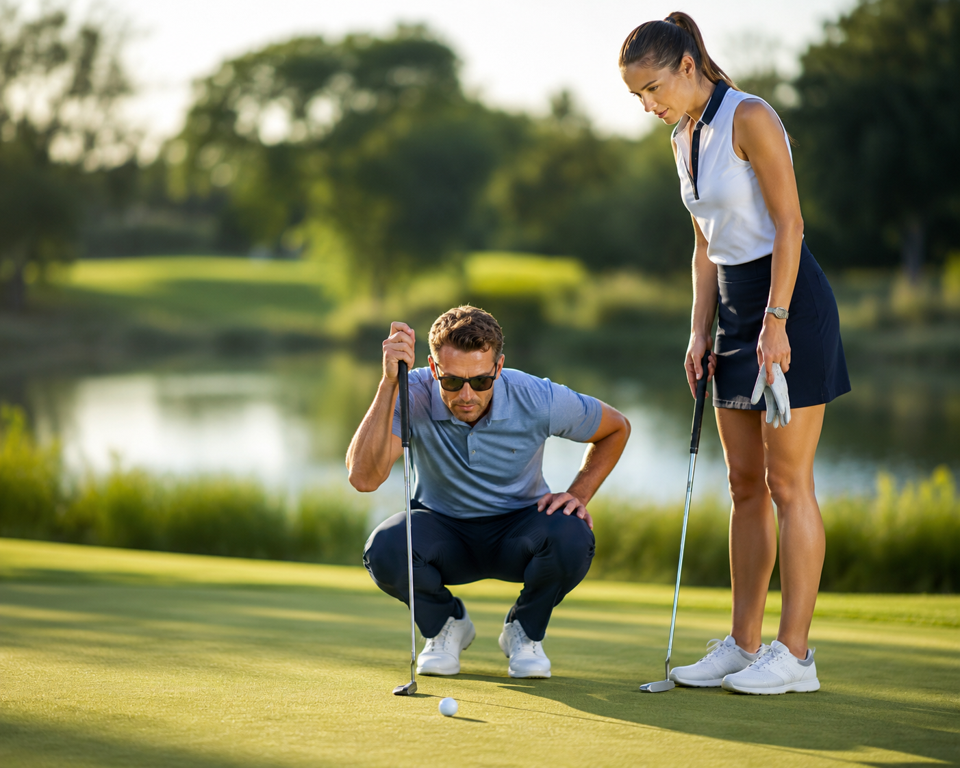 Young couple getting ready to putt