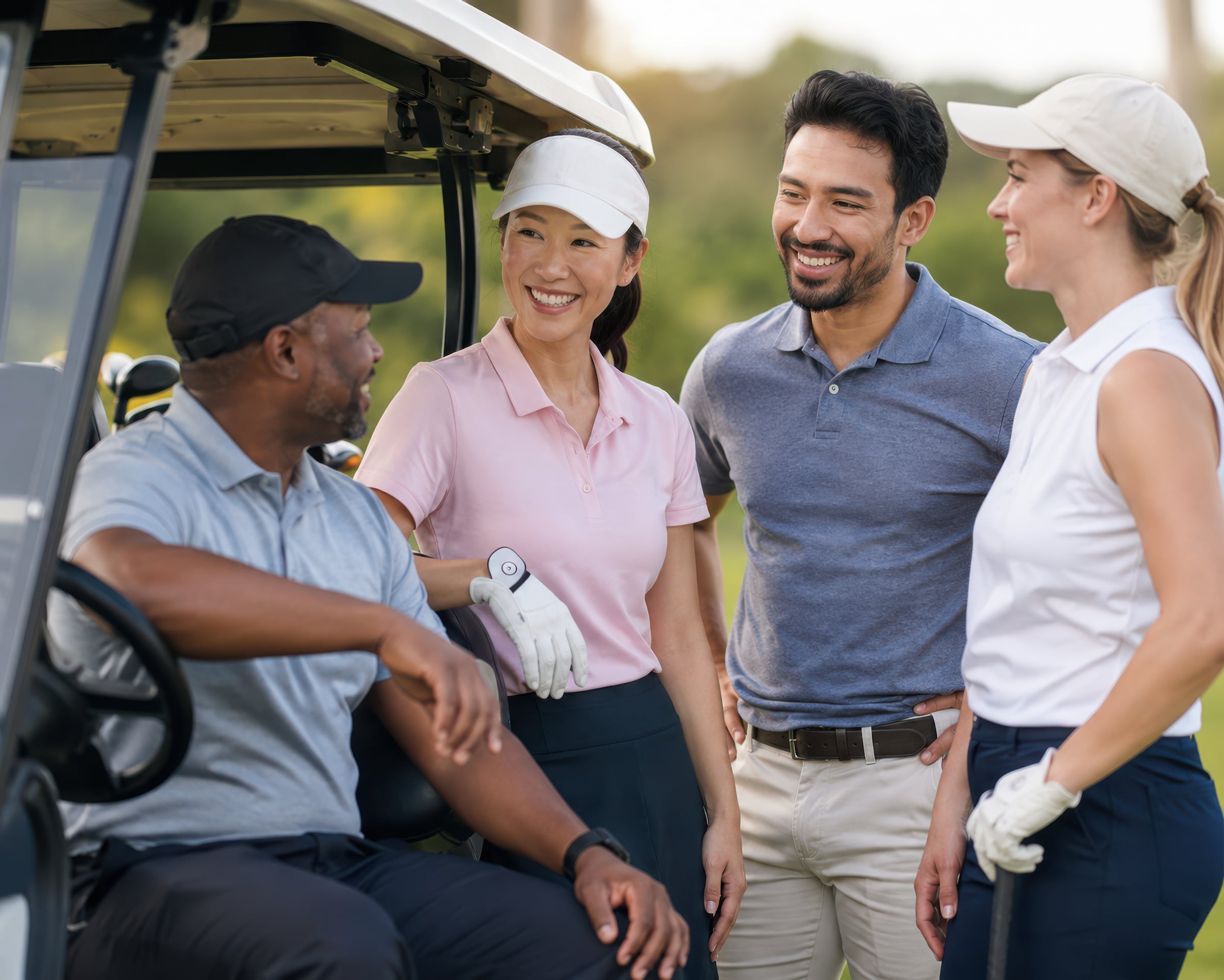 2 Men & 2 Women golfers talking by a golf cart