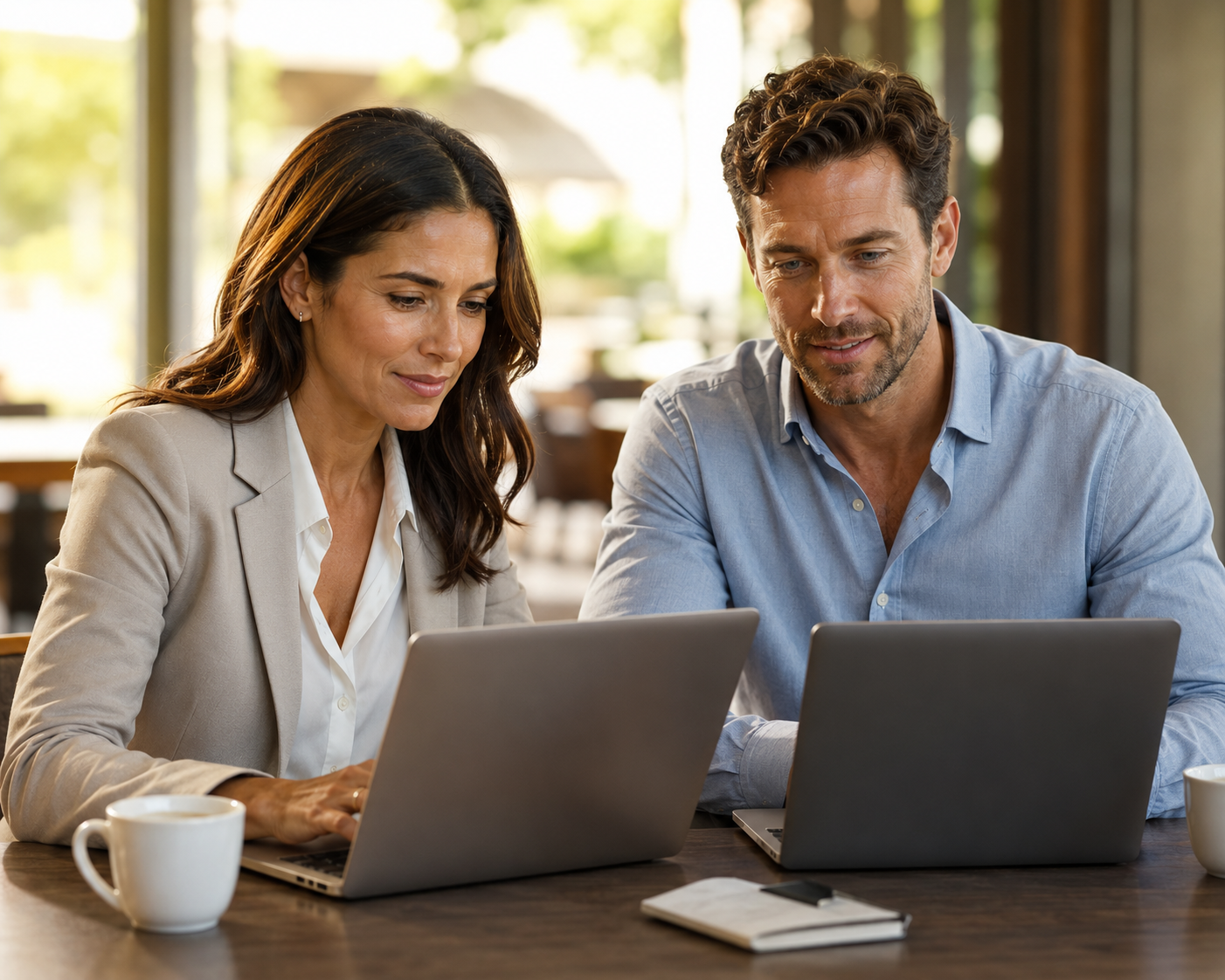 A middle aged couple doing business meetings on their laptops