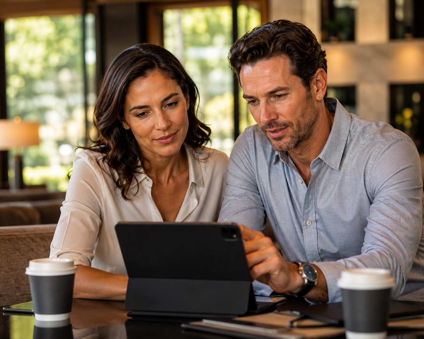 A middle aged couple taking a business meeting on their ipad