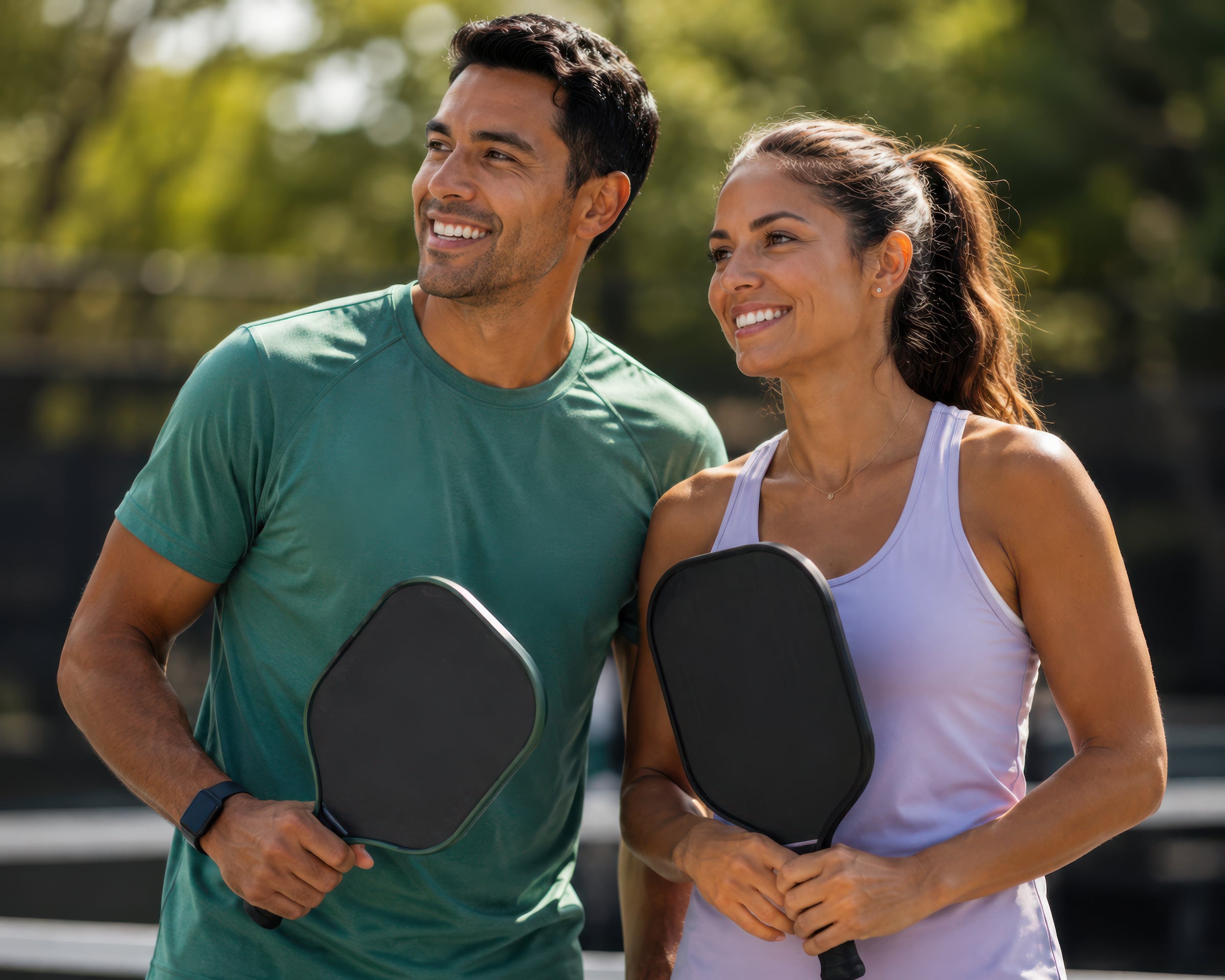 Couple posing with their pickleball paddles