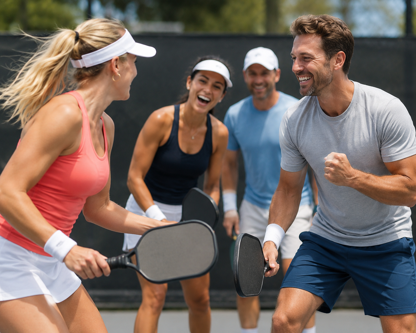 2 couples playing pickleball together and celebrating