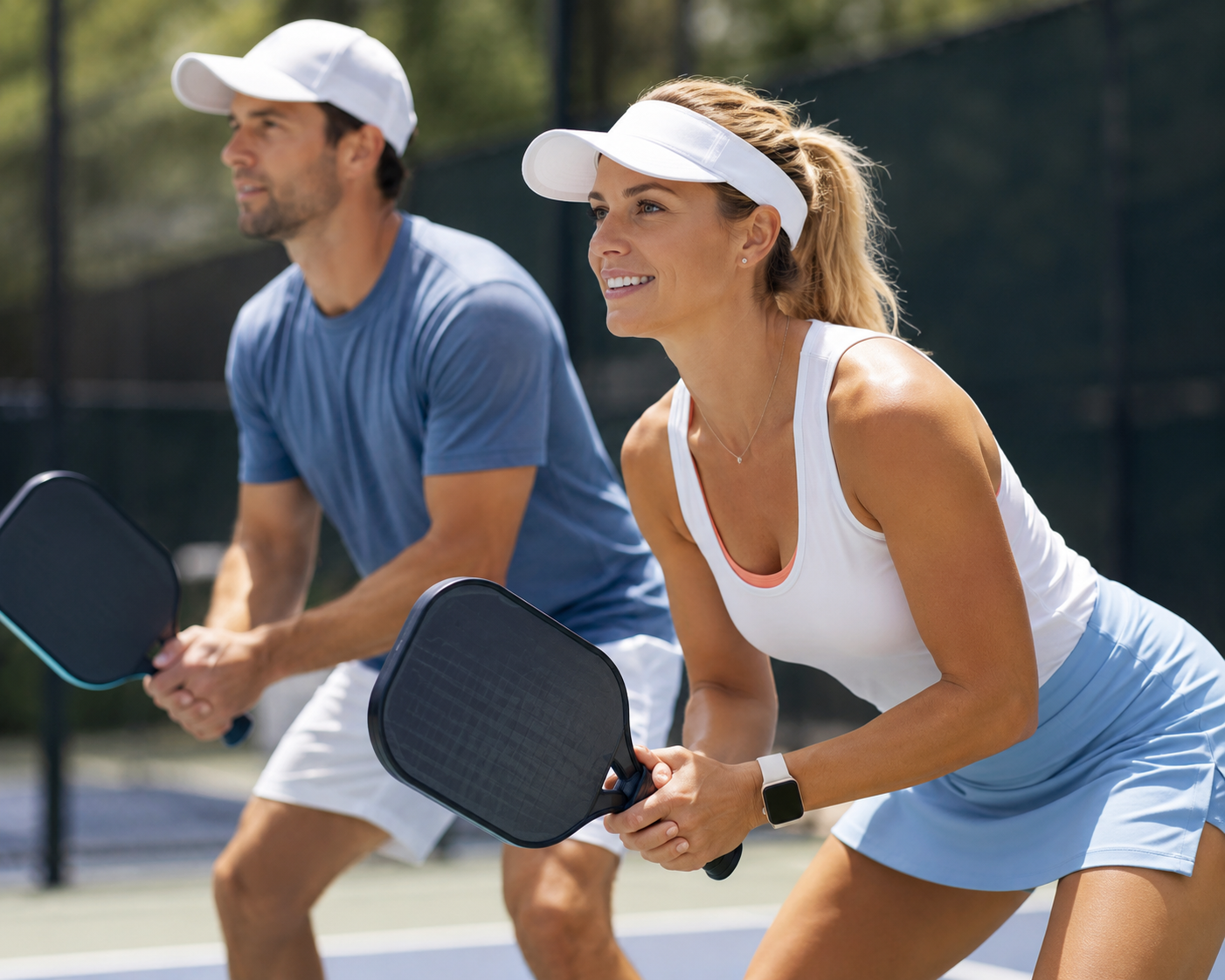 An adult couple playing pickleball