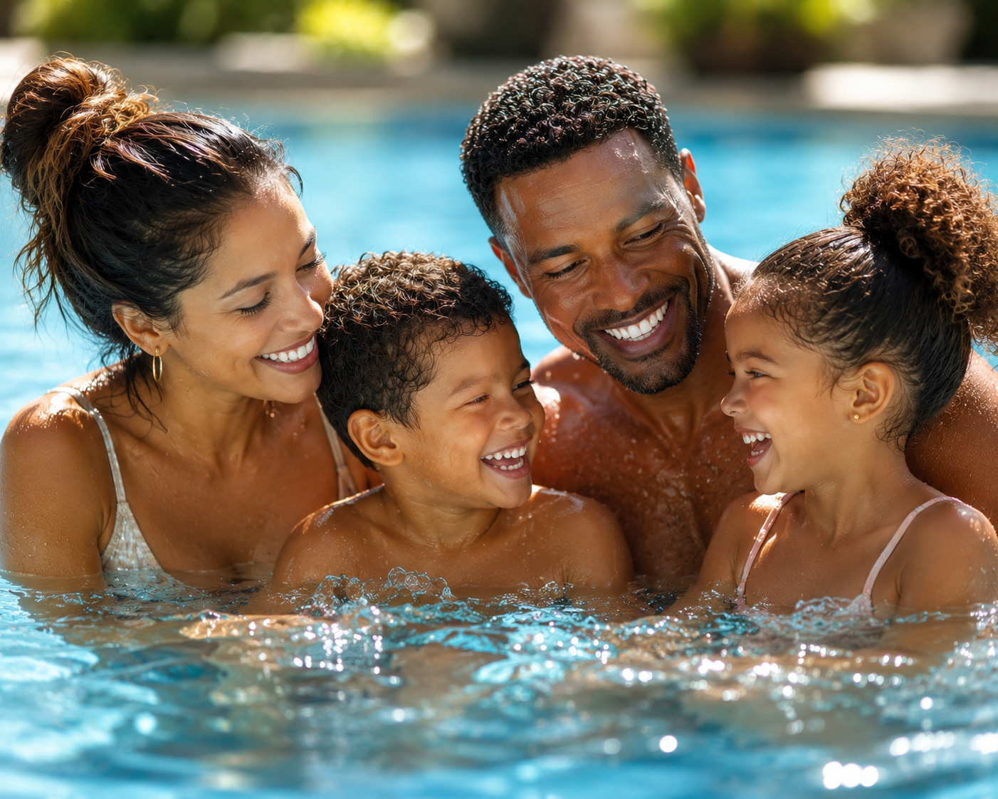African american family of 4 swimming in a pool