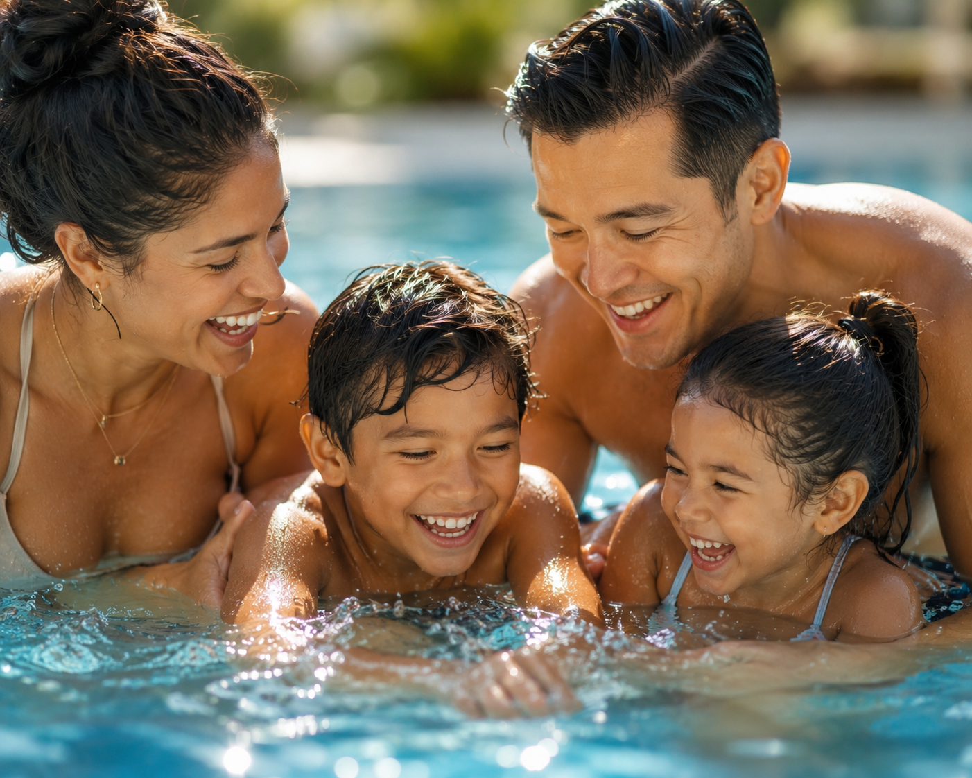 A family of 4 swimming in the pool