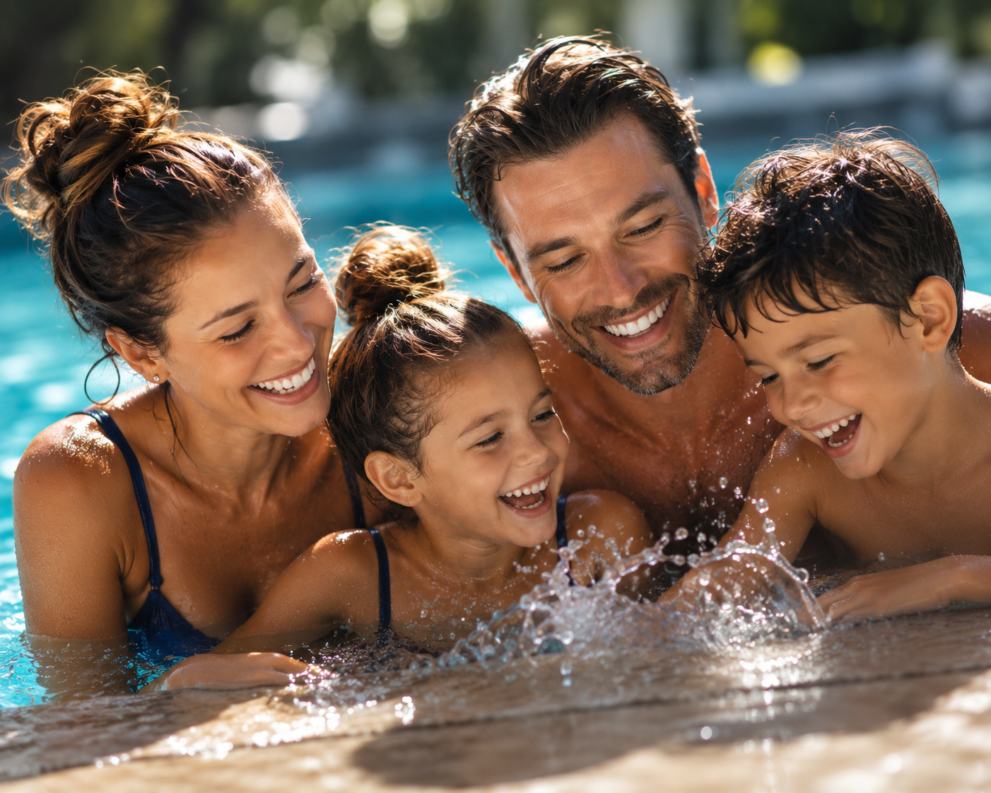 Family of 4 playing in the pool