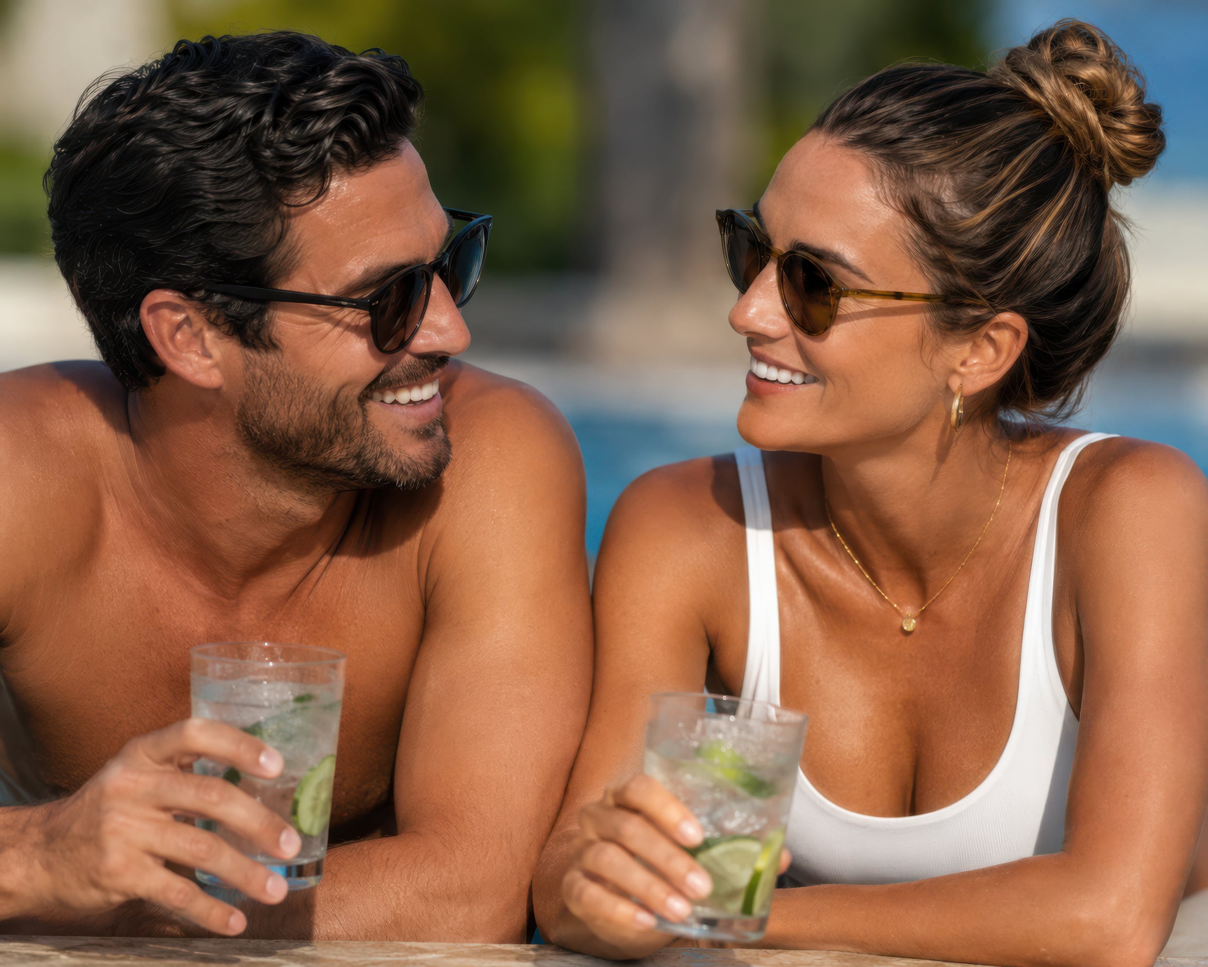 Man & Woman with drinks at pool edge