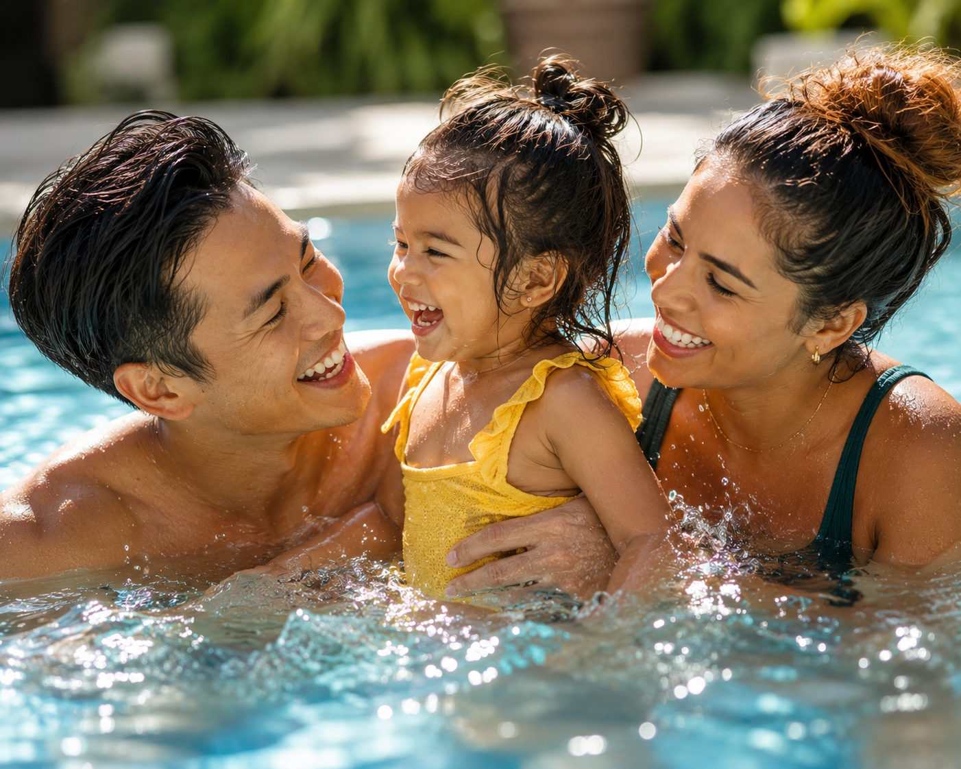 A married couple swimming with their young daughter