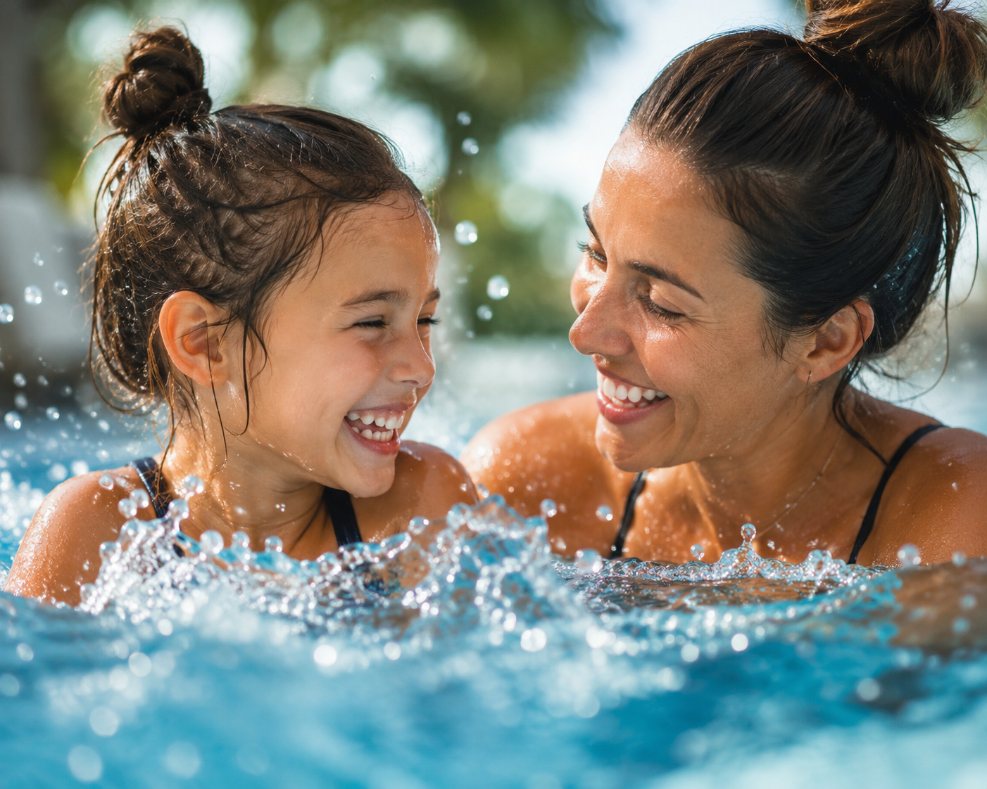 Mom and young daughter enjoying a swim in the pool