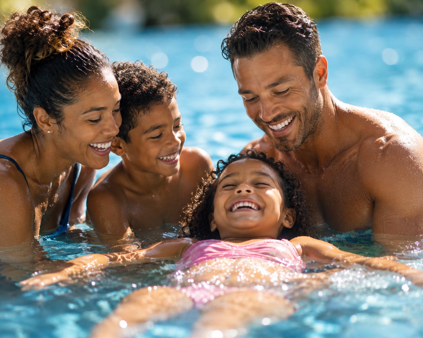 Family with floating girl in pool