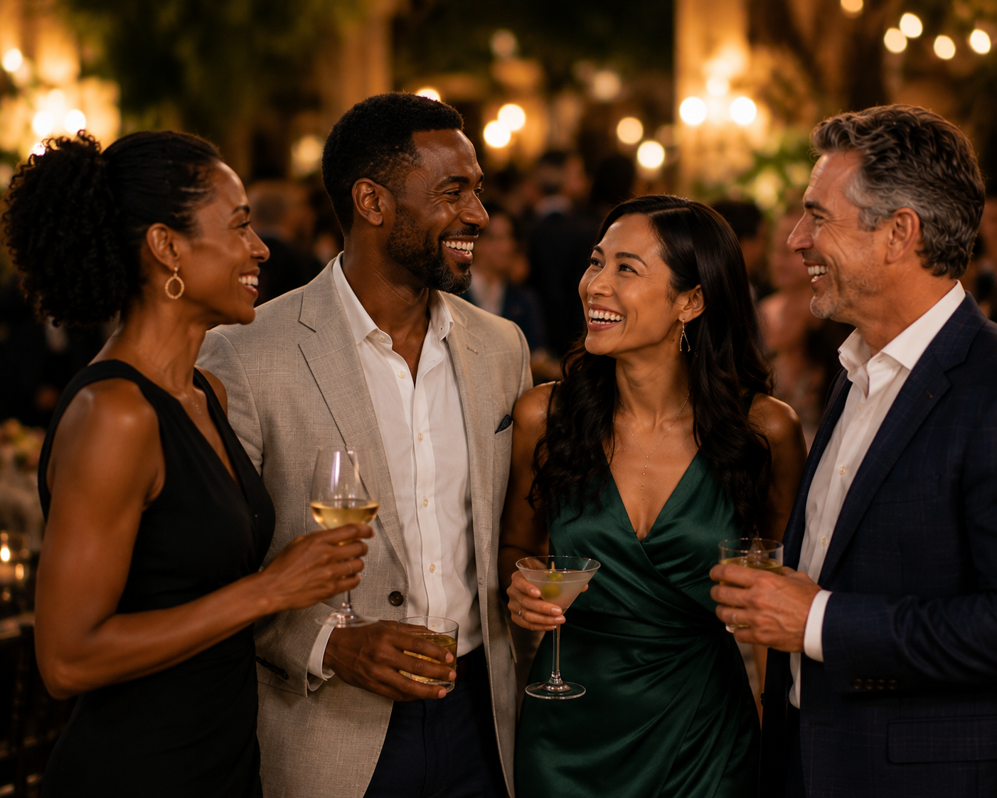 2 diverse couples enjoying some wine at an event