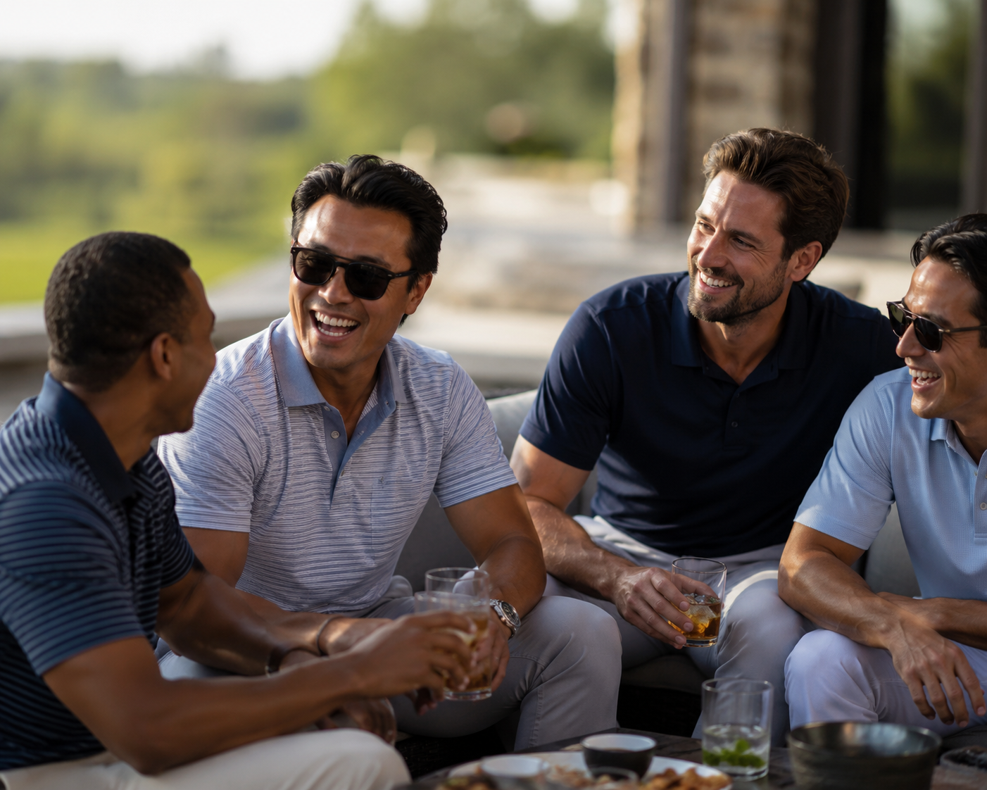 4 men talking and drinking on the couch