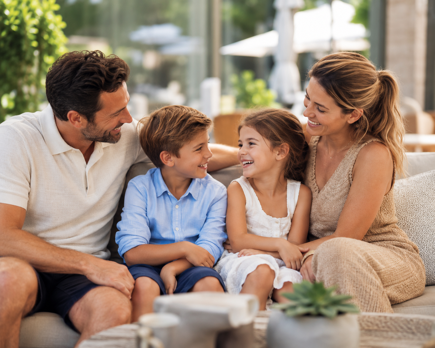 Family of 4 sitting on a couch