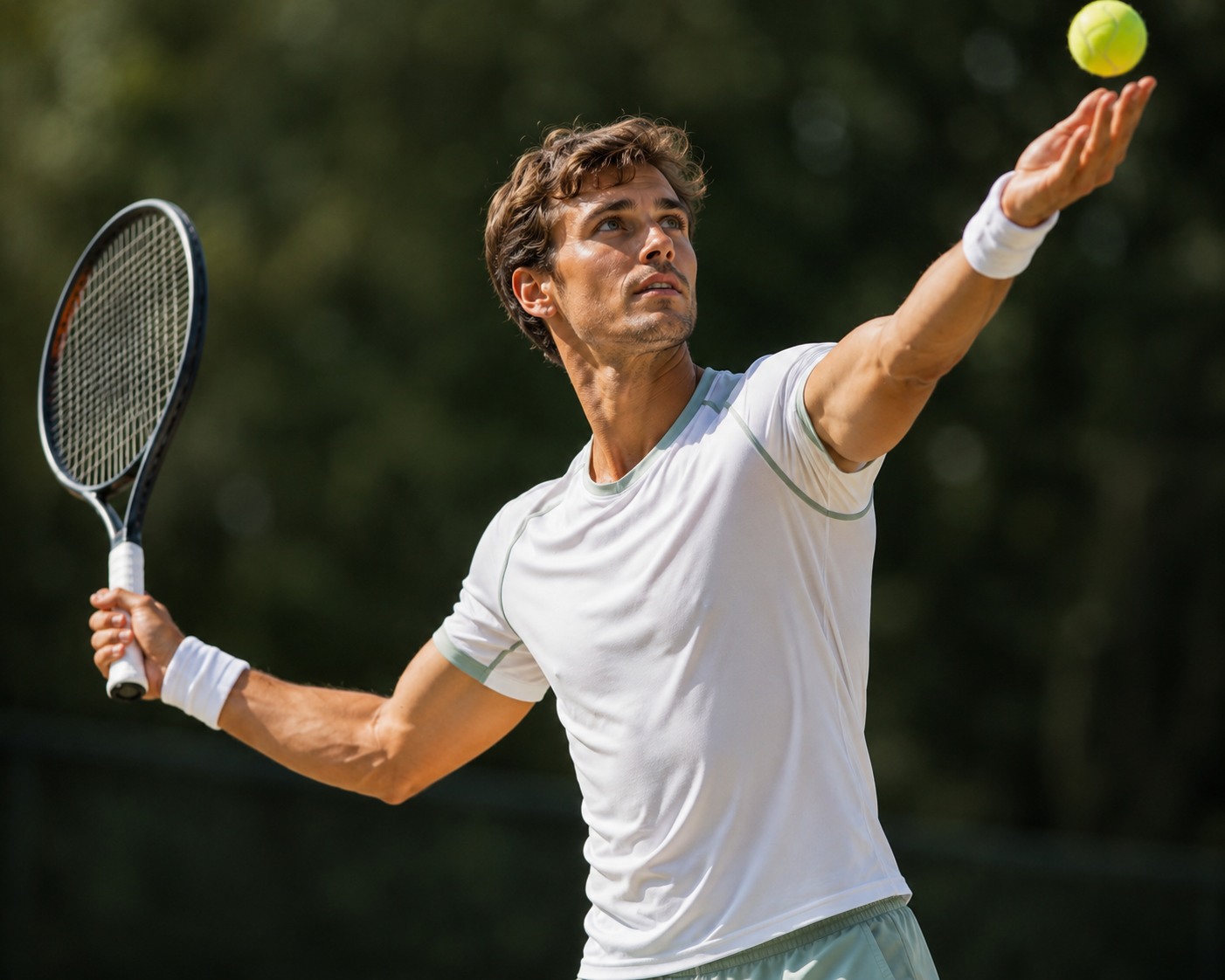 Young man hitting a serve in tennis