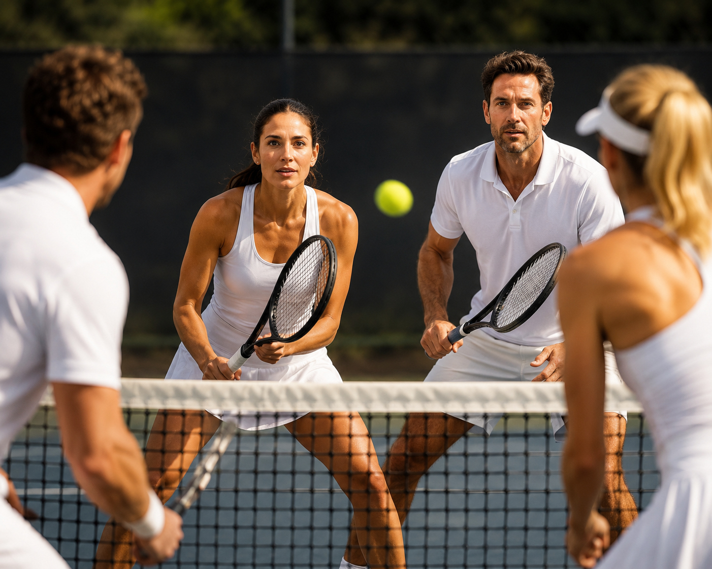 Couples playing doubles on the tennis court