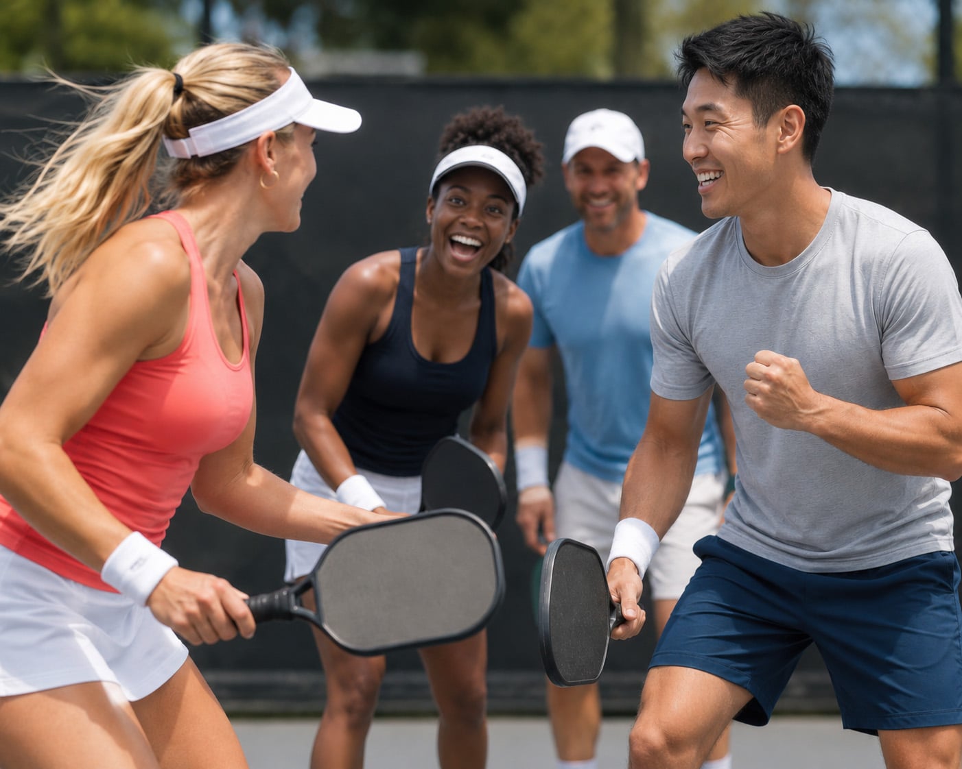 Group 4 diverse players playing pickleball
