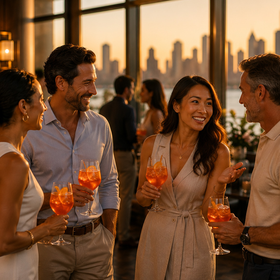 4 adults drinking at sunset