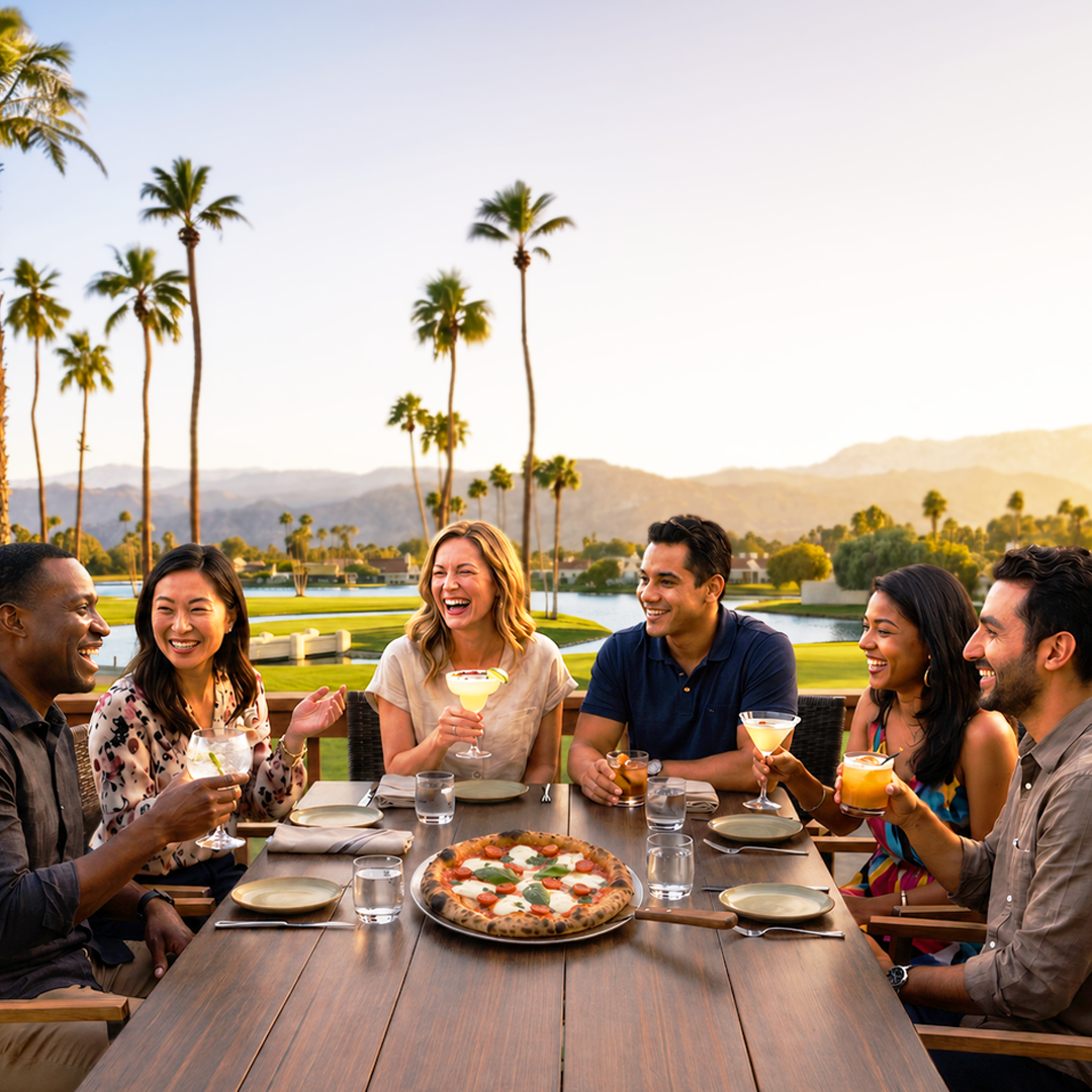 Three couples dining on patio