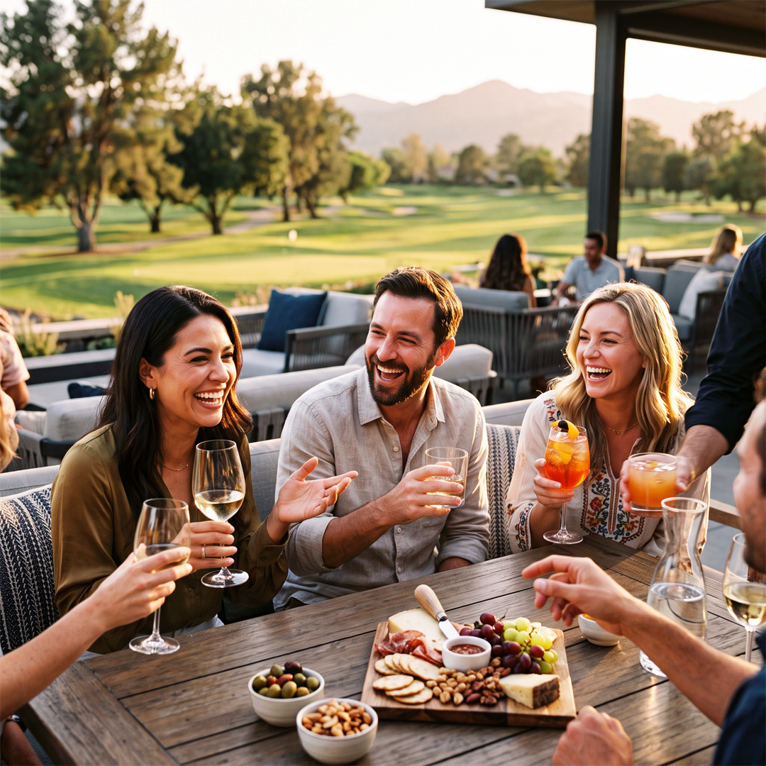 Two women & one man dining on patio