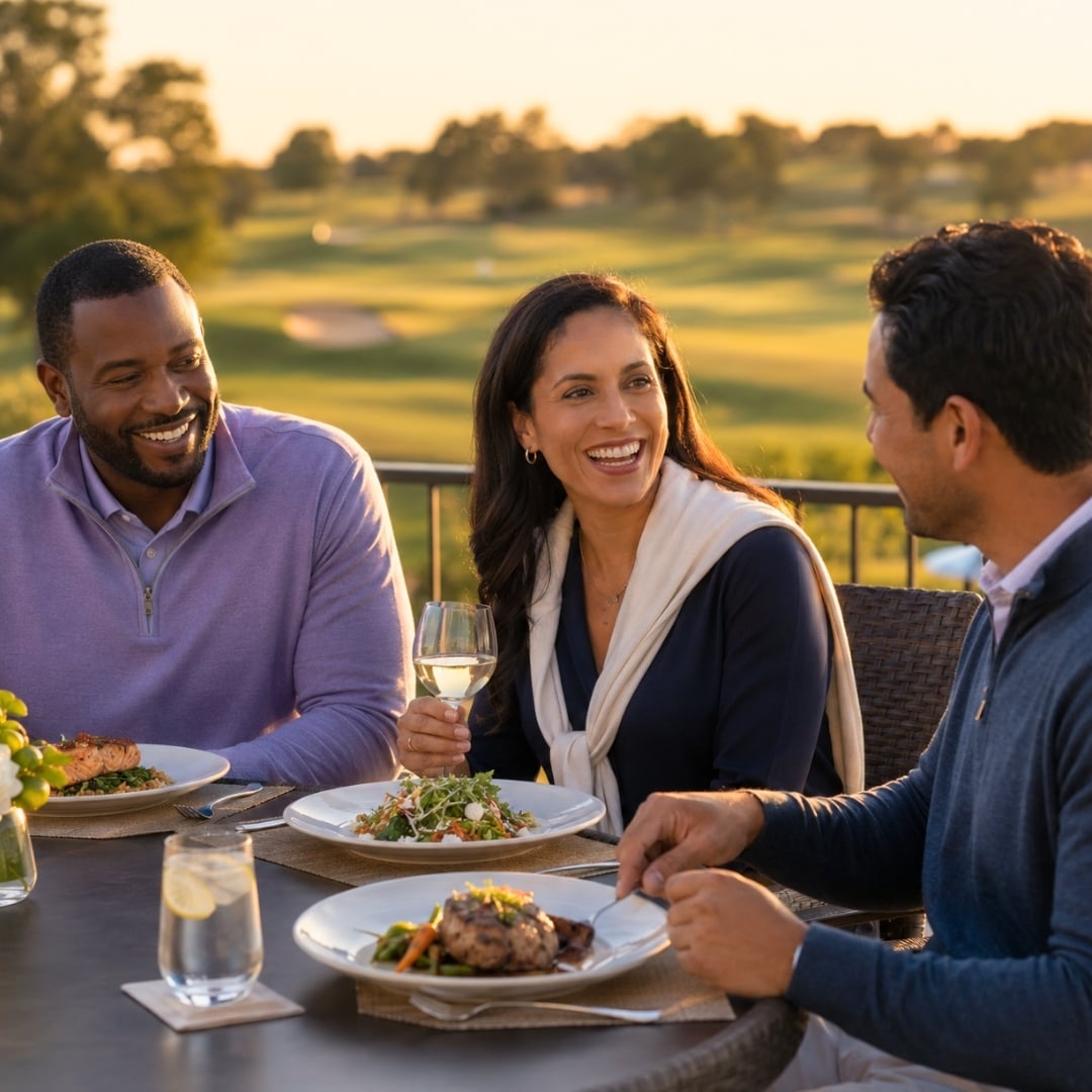 Woman & 2 Men dining on patio overlooking golf course