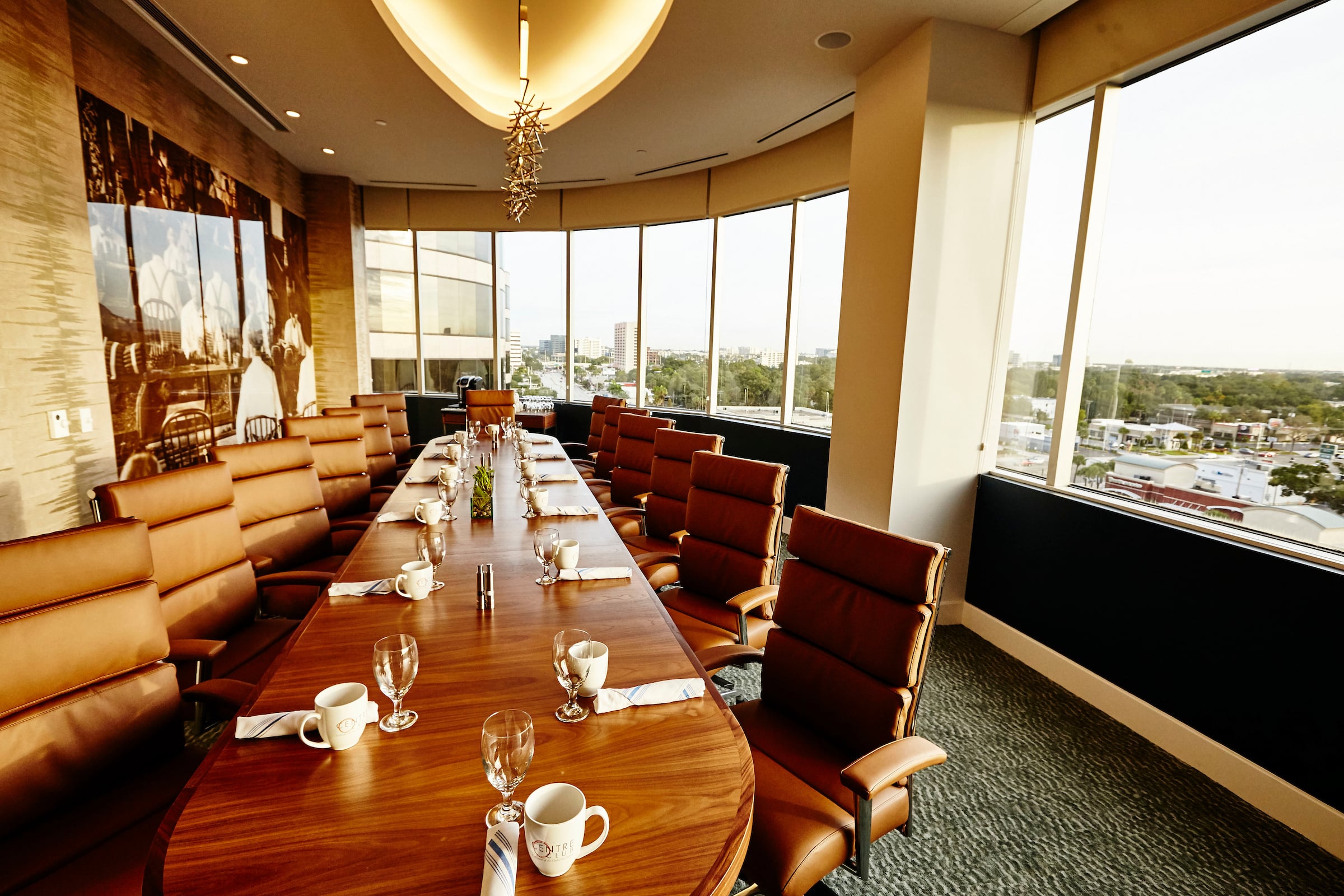 Long boareroom-style table set up for a meeting at Centre Club Tampa