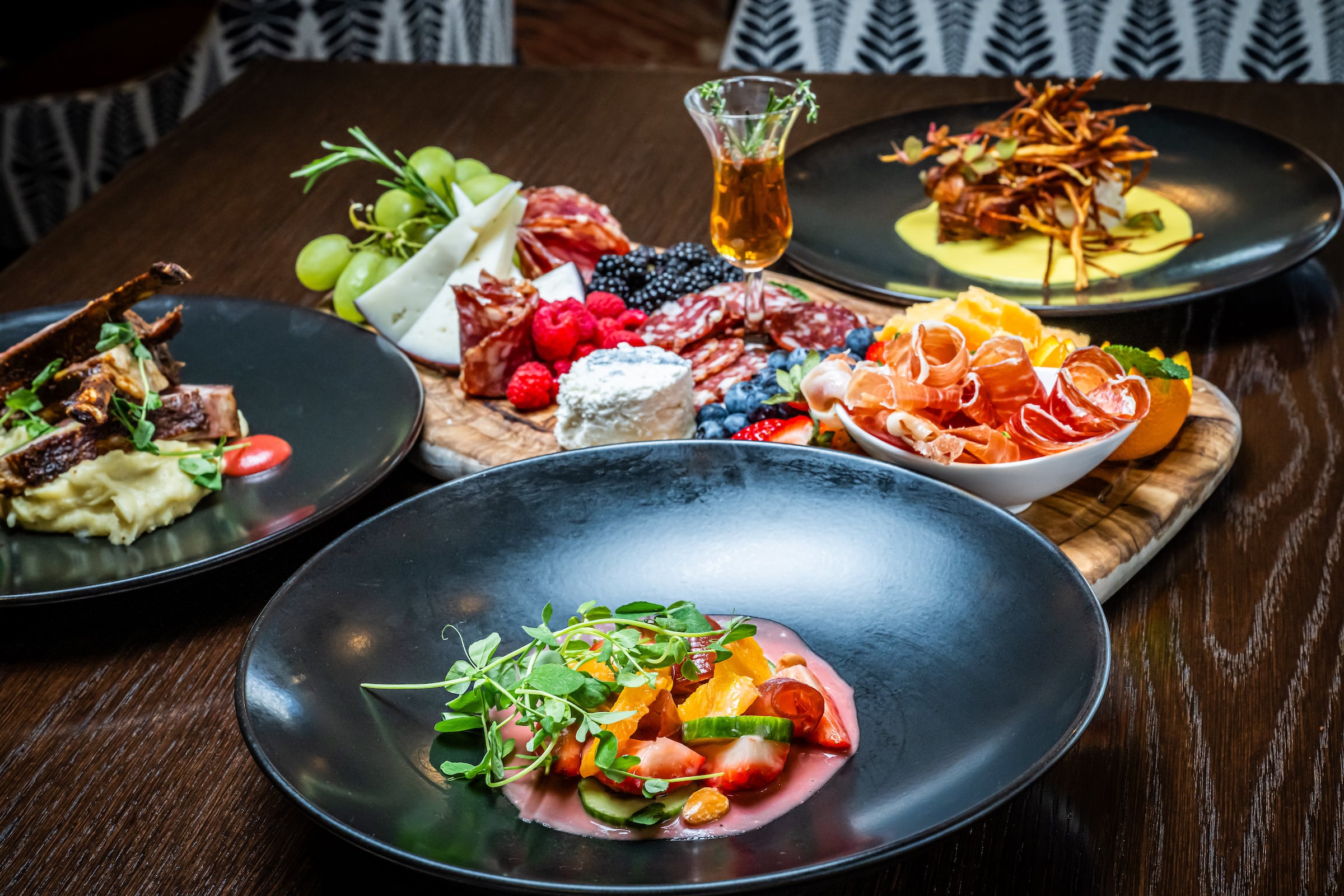 Multiple food dishes on a table